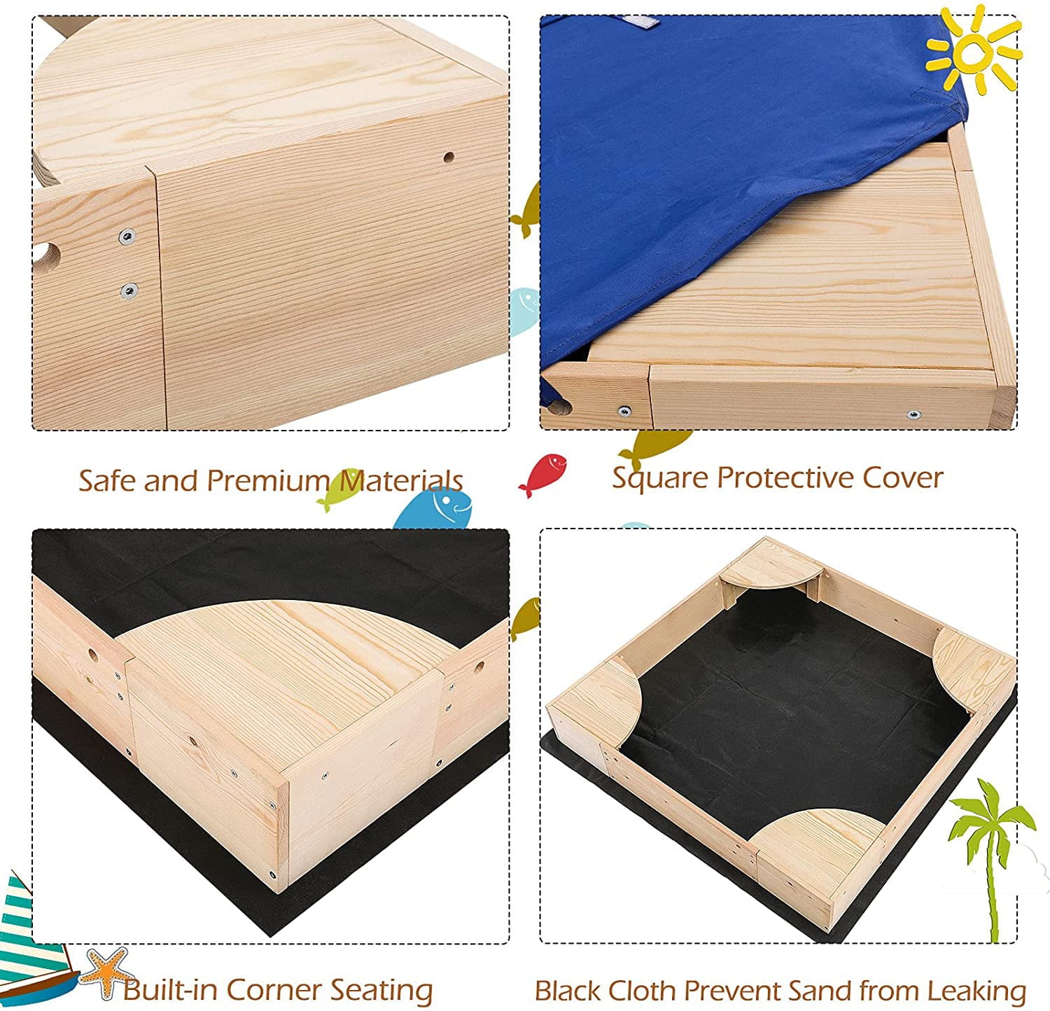 Arlopu Wooden Sandbox with Cover， Outdoor Kids Sandpit Box with 4 Built-in Corner Seats for Toddlers Age 2 to 8