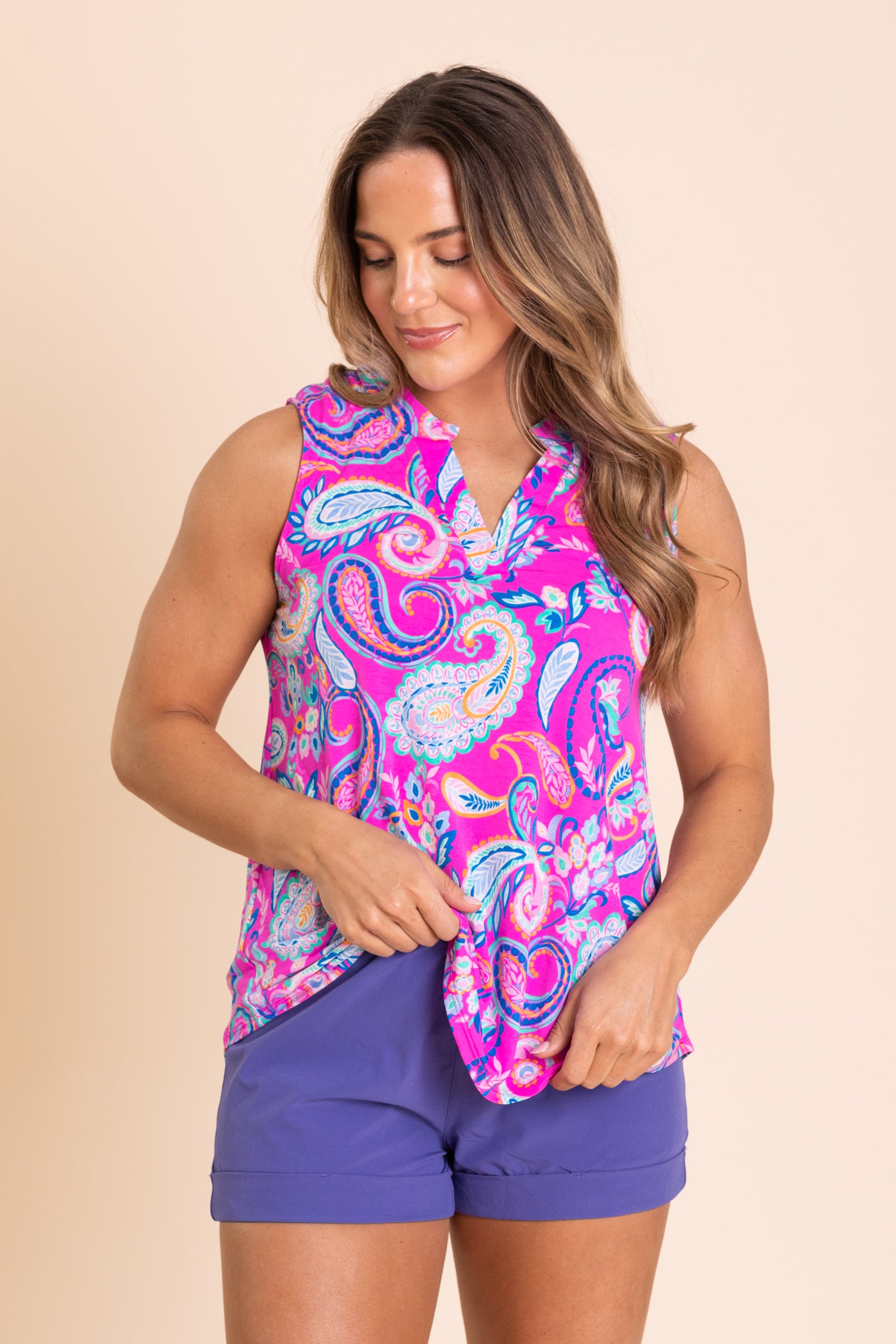 Magenta Printed V-Neck Wrinkle Free Lizzy Top