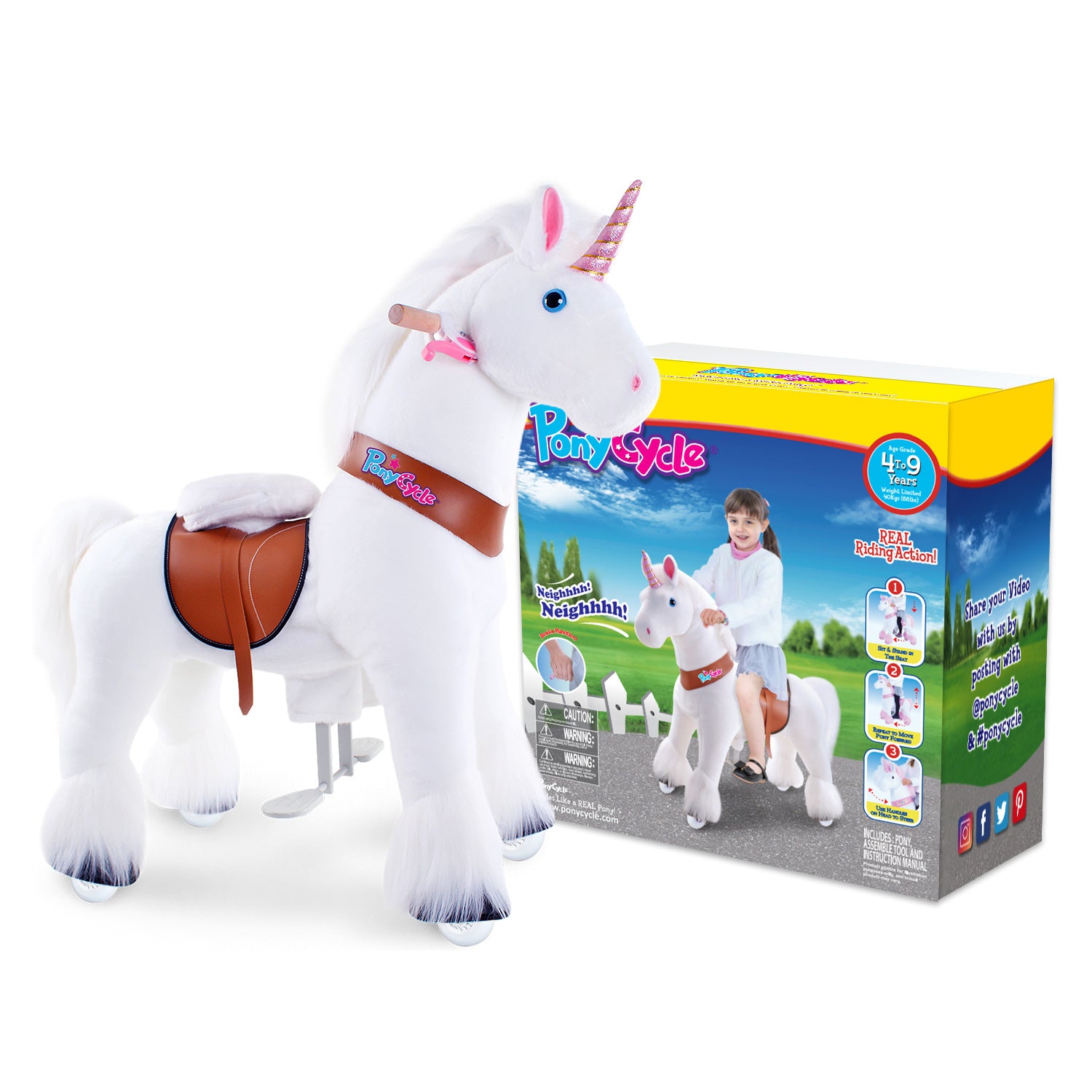 PonyCycle Ride on Unicorn toy for Children Age 4-8 White