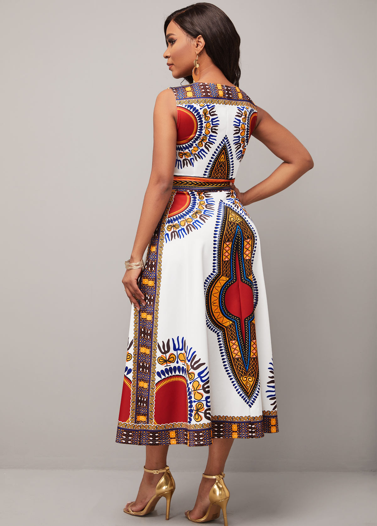 White Dashiki Print V Neck Sleeveless Dress