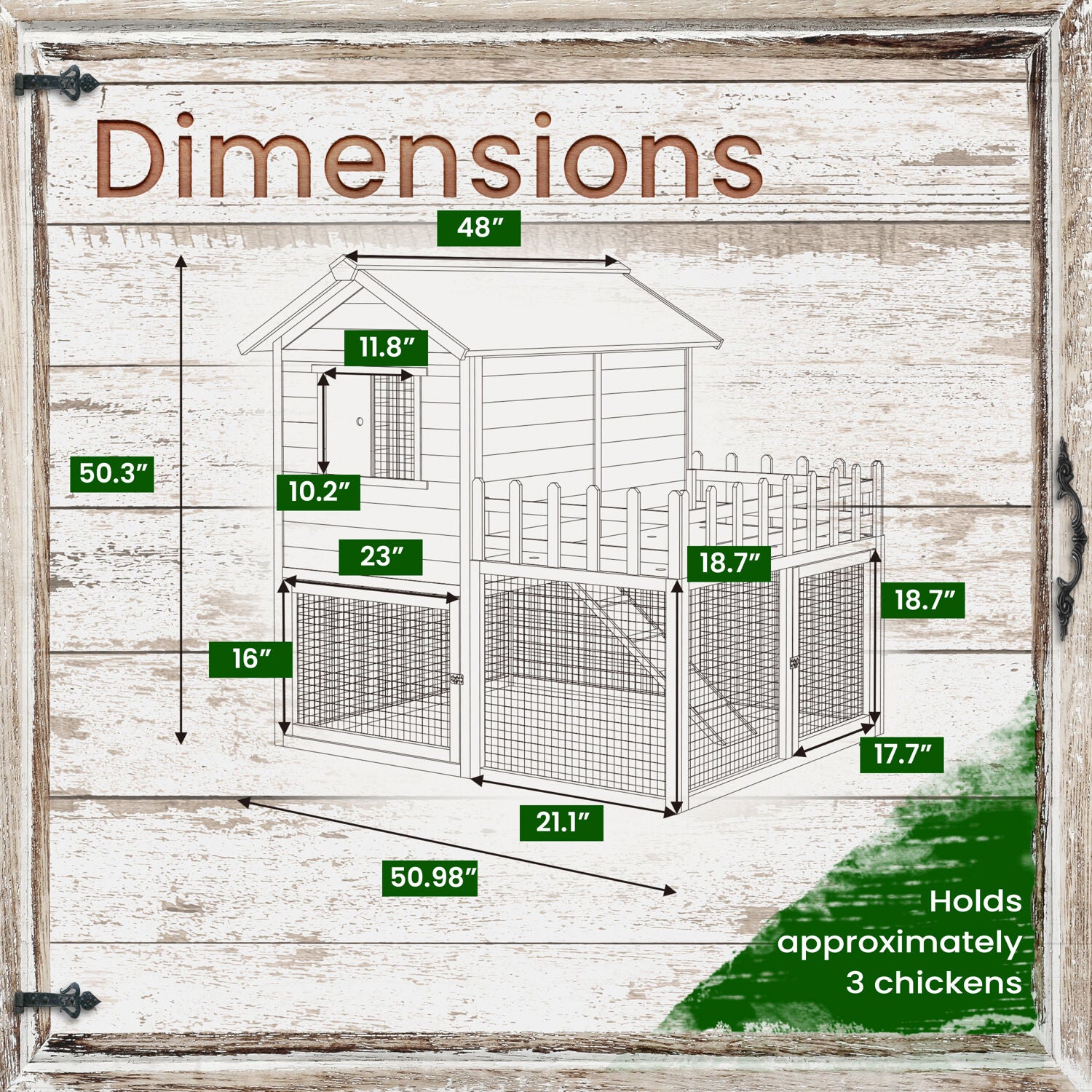 Hanover Elevated Wooden Chicken Coop with Ramp， Planting Area， Wire Mesh Run， Waterproof Roof， 4.25 Ft. x 4 Ft. x 4.2 Ft.
