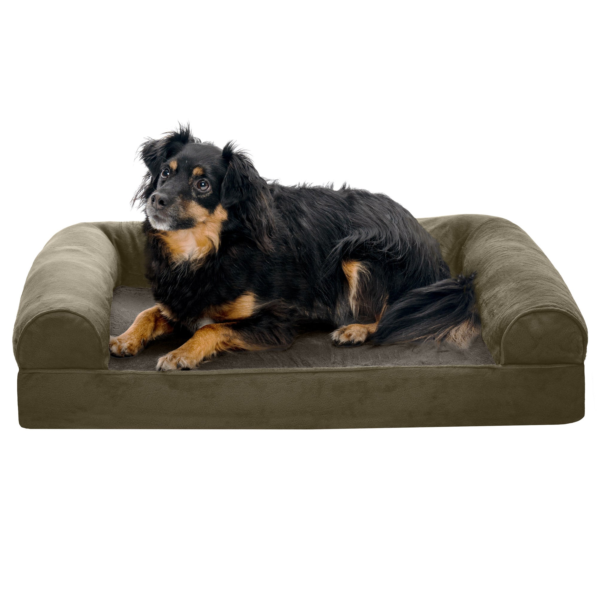 FurHaven | Orthopedic Faux Fur and Velvet Sofa Pet Bed for Dogs and Cats， Dark Sage， Medium