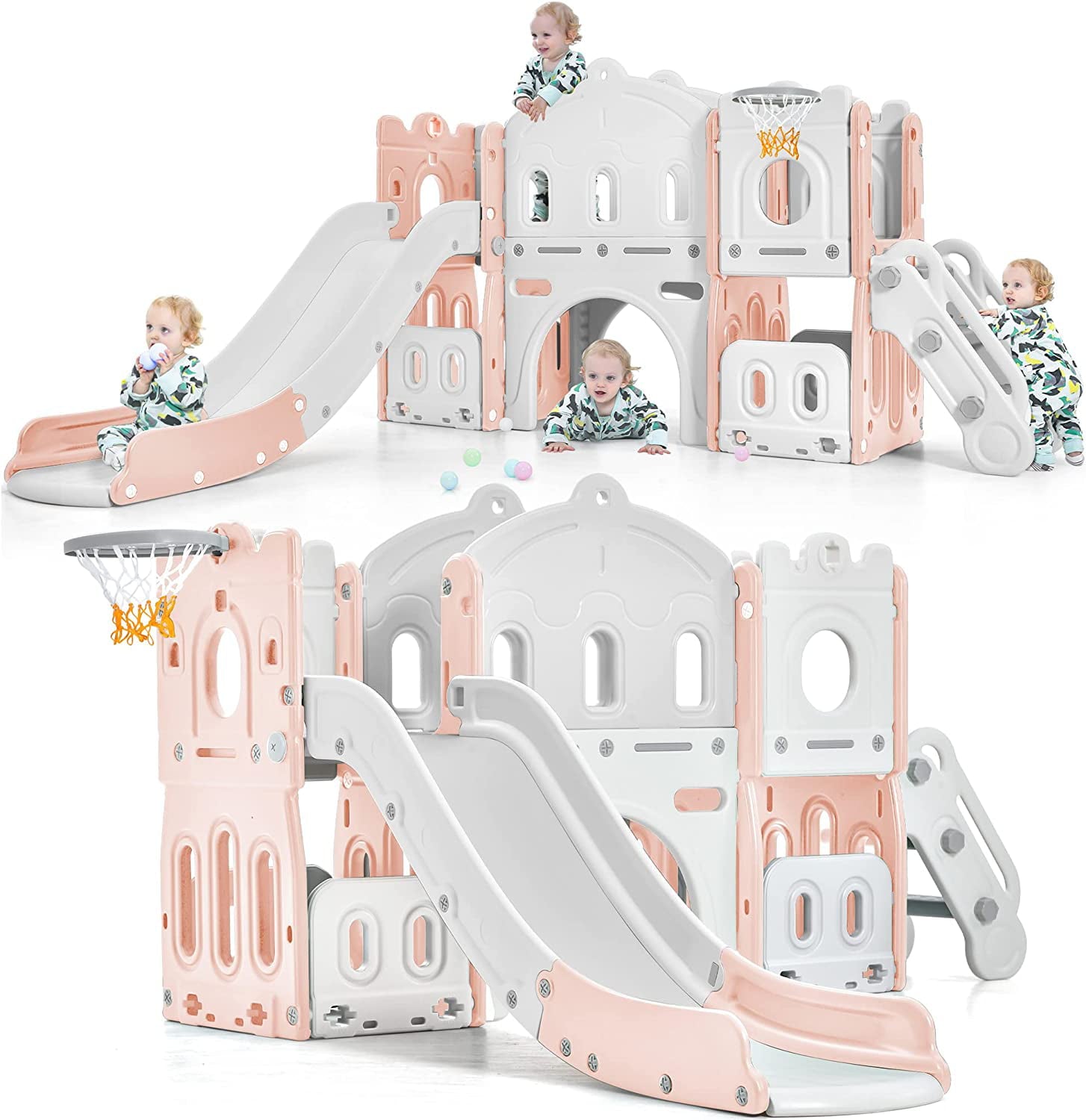 Track 7 Kids Slide 6-in-1，Kids Playground Slide with Climber，Basketball Hoop，Tunnel and Storage Space，Outdoor Indoor Slide Playset for Toddlers Age 1+，Pink