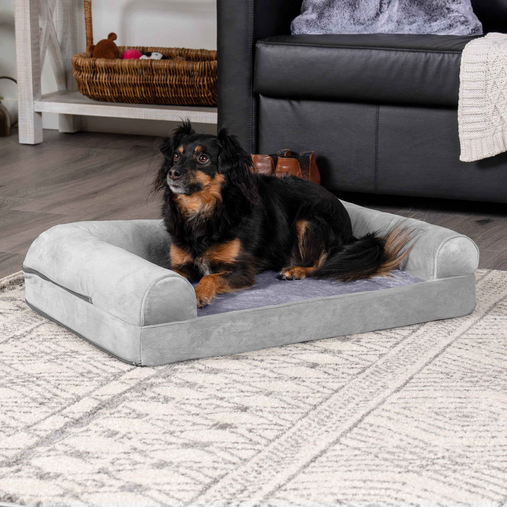 FurHaven | Orthopedic Faux Fur and Velvet Sofa Pet Bed for Dogs and Cats， Smoke Gray， Medium