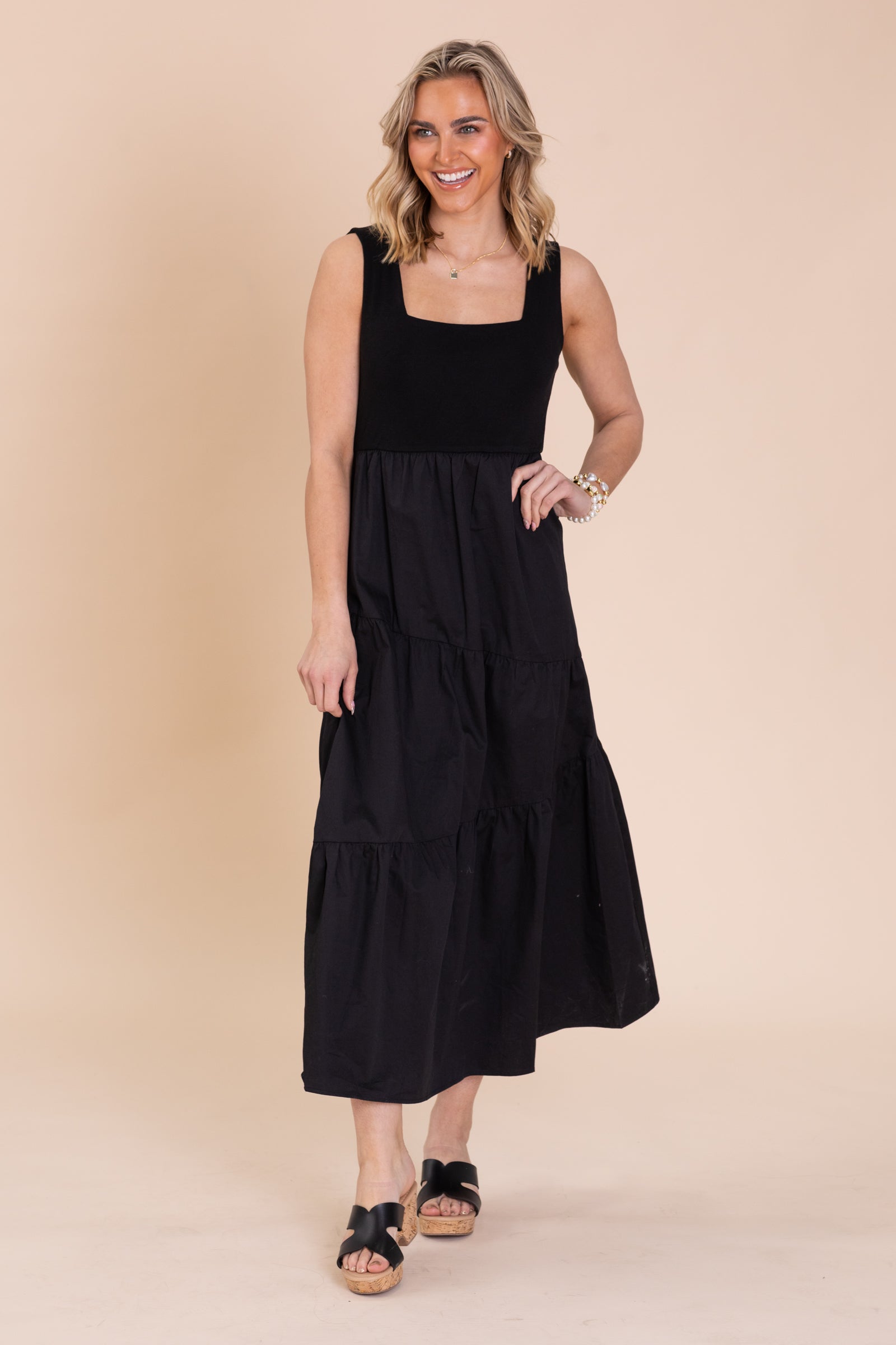 Black Tiered Mix Media Square Neck Maxi Dress