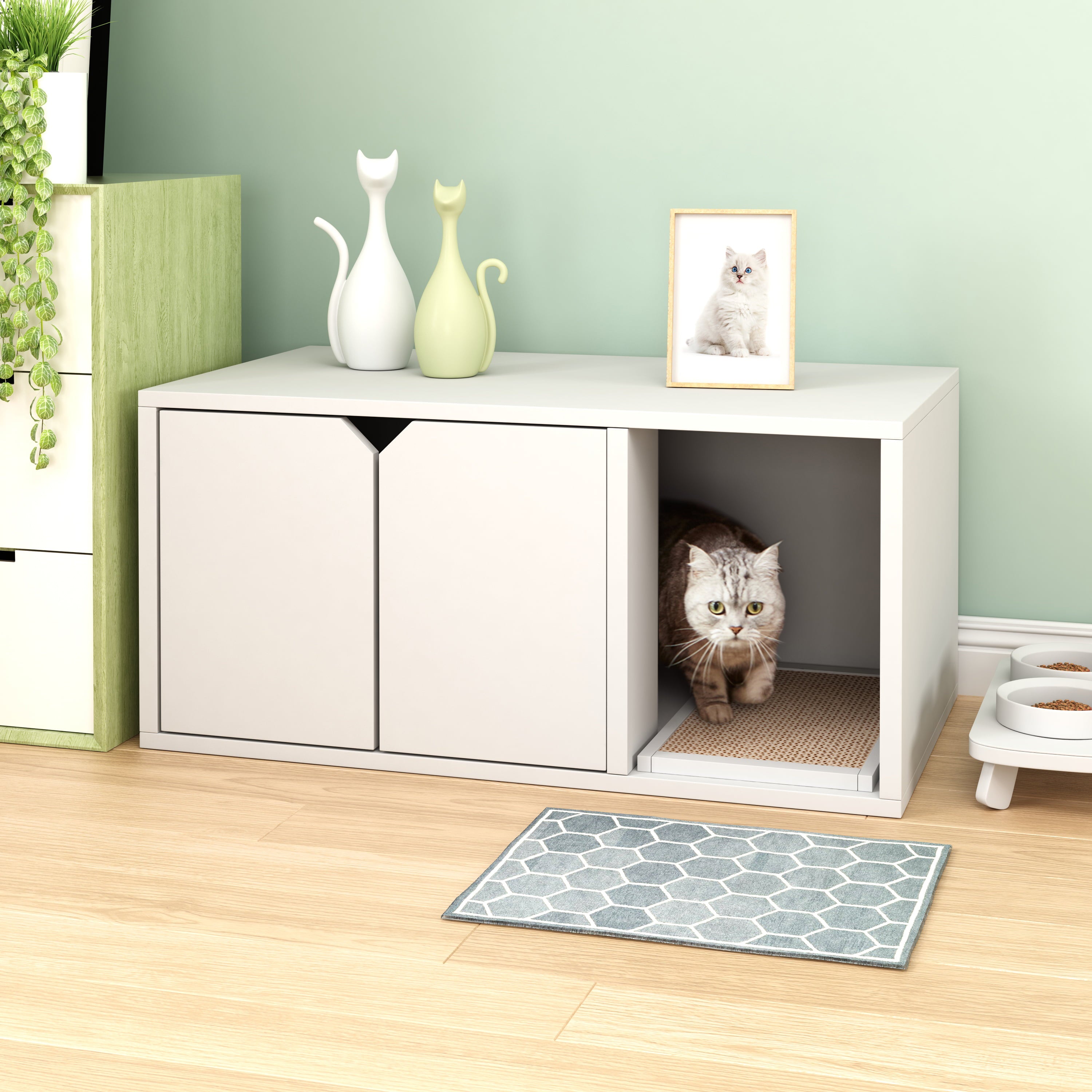 Way Basics Eco Cat Litter Box Enclosure Modern Cat Furniture， White