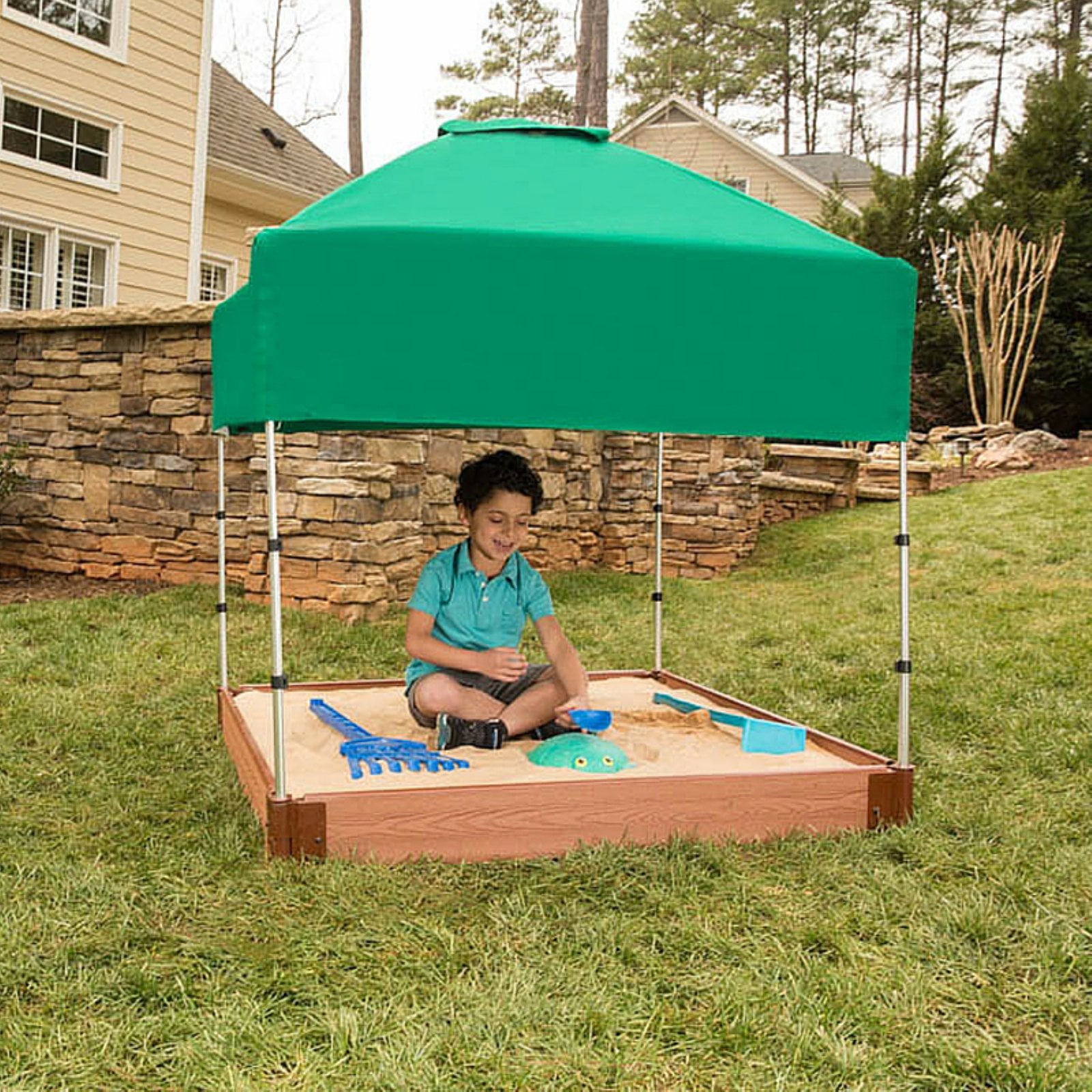 Frame It All Tool-Free Classic Sienna 4ft. x 4ft. x 5.5in. Composite Square Sandbox Kit with Telescoping Canopy/Cover - 2