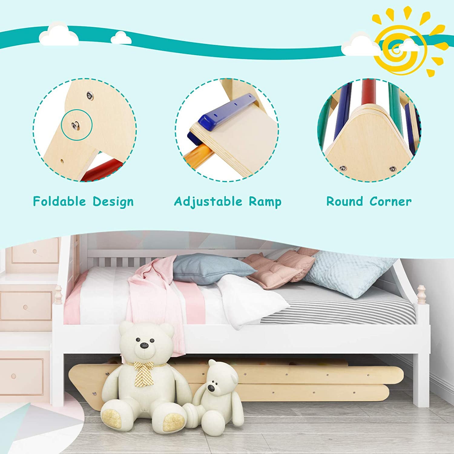 LAZY BUDDY Foldable Climbing Triangle with Ramp， Wooden Climber Ladder Indoor Outdoor Sliding Climbing Toy for Kids 2-7 Years