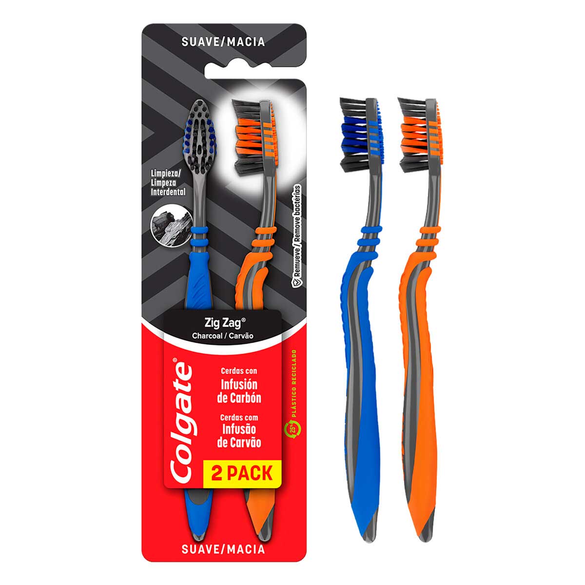 Escova Dental Macia Colgate Zig Zag Infusao de Carvao Blister com 2 Unidades