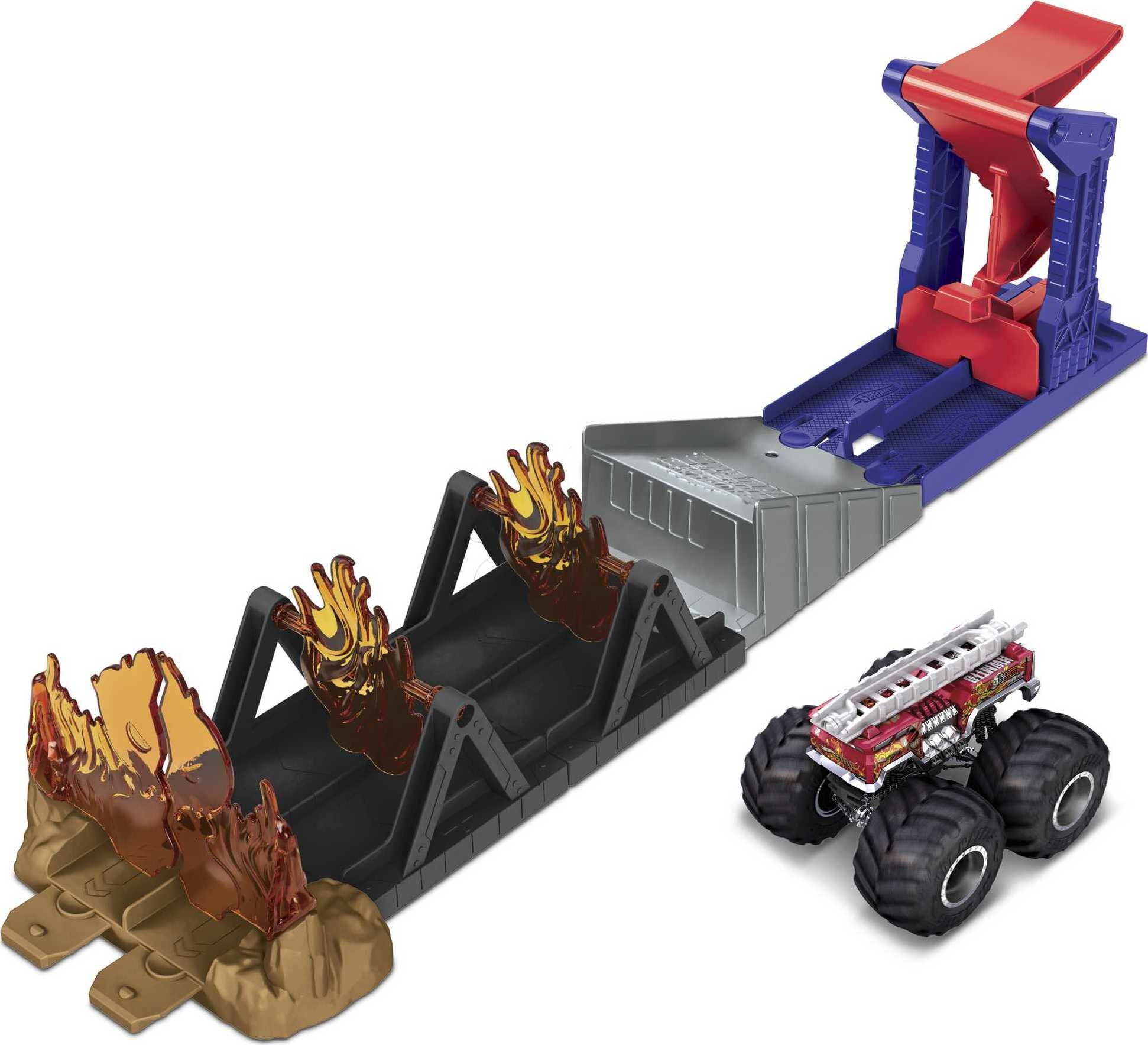 Hot Wheels Monster Trucks Fire Through Playset with 1:64 Scale 5-Alarm Toy Truck and Launcher
