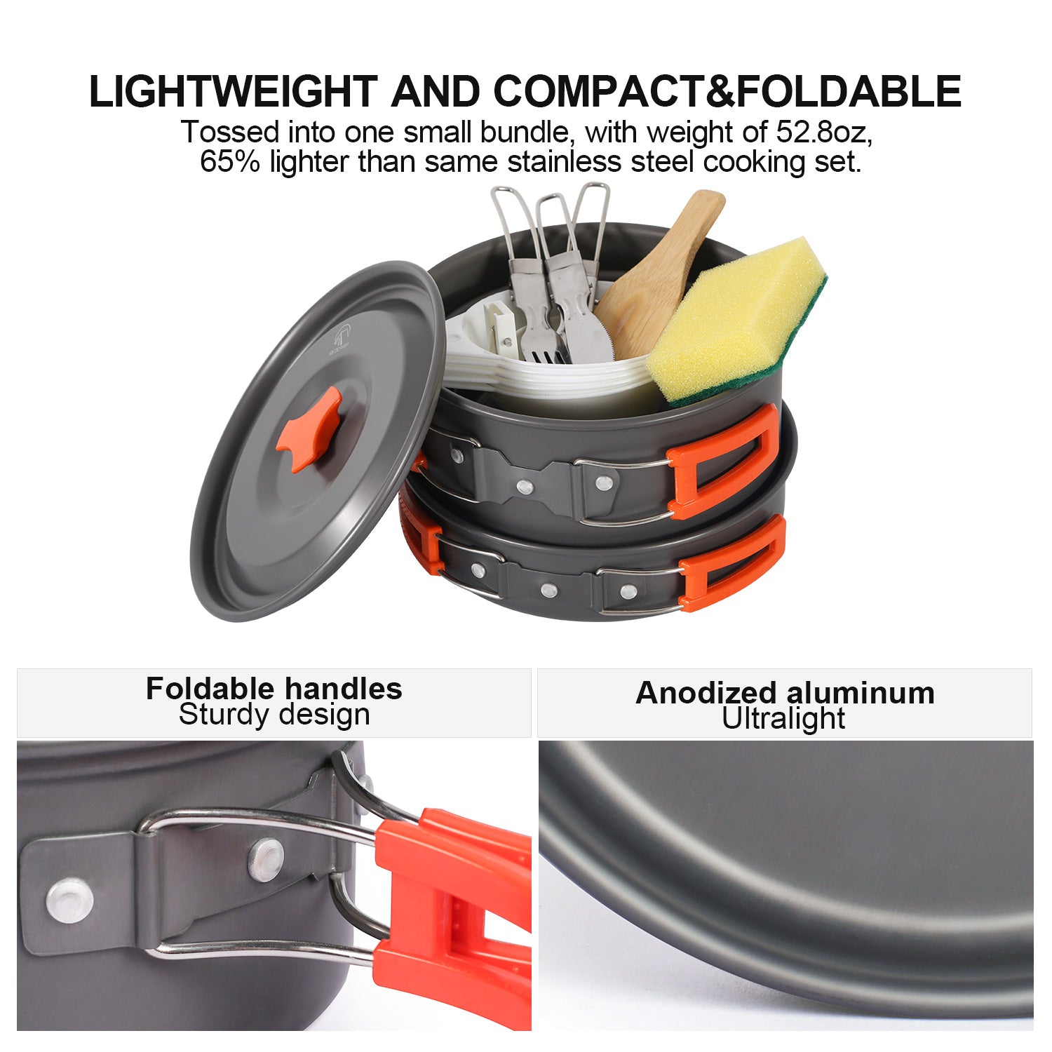REDCAMP 12/13/18/23 PCS Camping Cookware Mess Kit, Aluminum Lightweight Folding Camping Pots and Pans Set for 1/2/3/4 Person