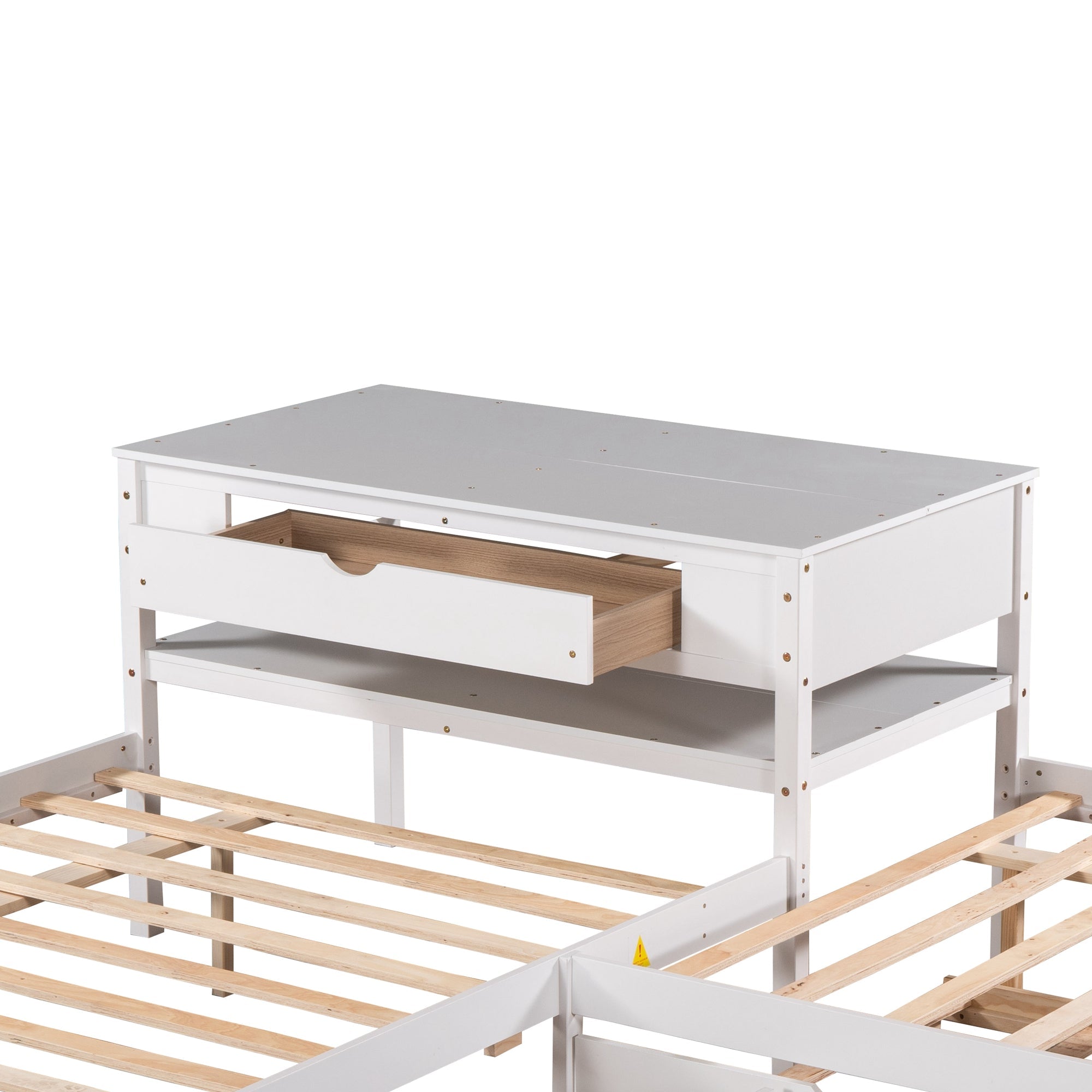 Full L-Shaped Platform Beds with Trundle, Drawers and Table for Kids Bedroom, White