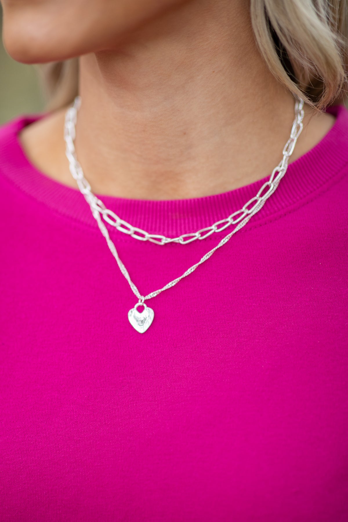 Silver Double Strand Heart Pendant Necklace