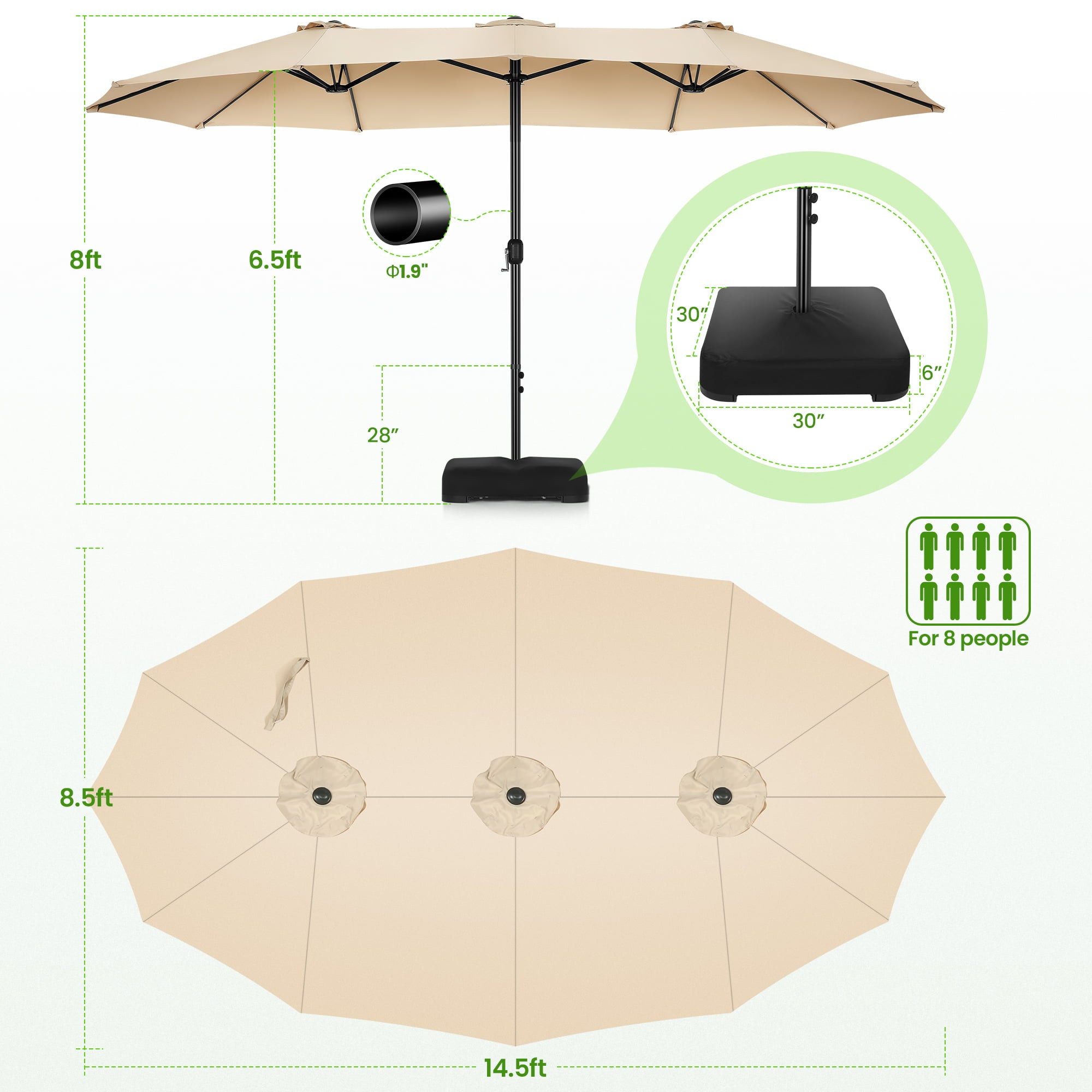 SEJOV 15ft Patio Umbrella with Base Included, Double-Sided Market Umbrella with Crank Large Outdoor Umbrella Rectangular Umbrellas for Patio Table