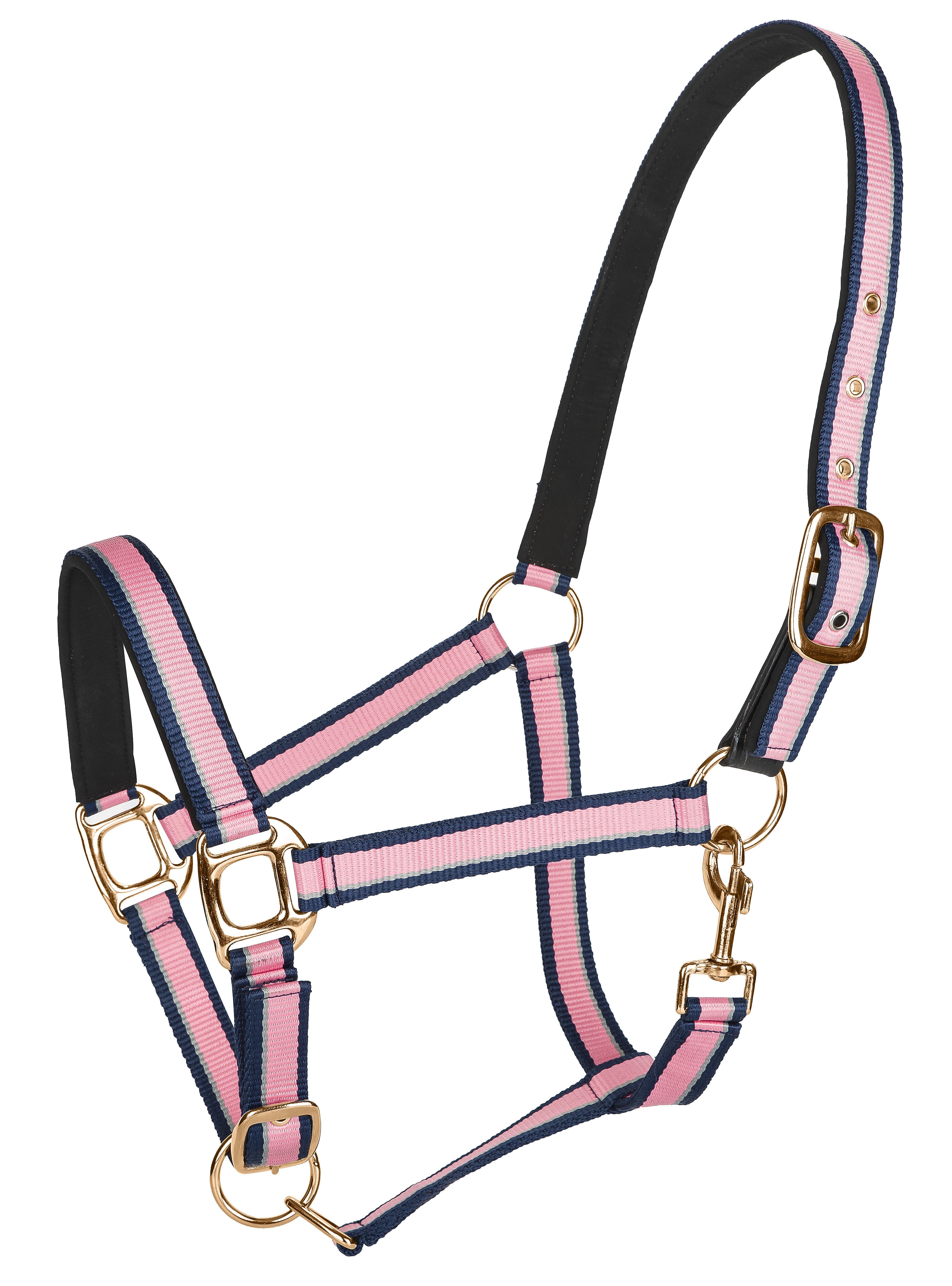 TuffRider Adjustable Nylon Breakaway Halter w/ Padded Crown and Rose Gold Hardware- Navy/Pink/Gray- O