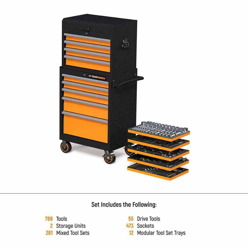 Conjunto de ferramentas GearWrench MEGAMODPRO Master Technician de 791 peças em bandejas modulares com armazenamento.