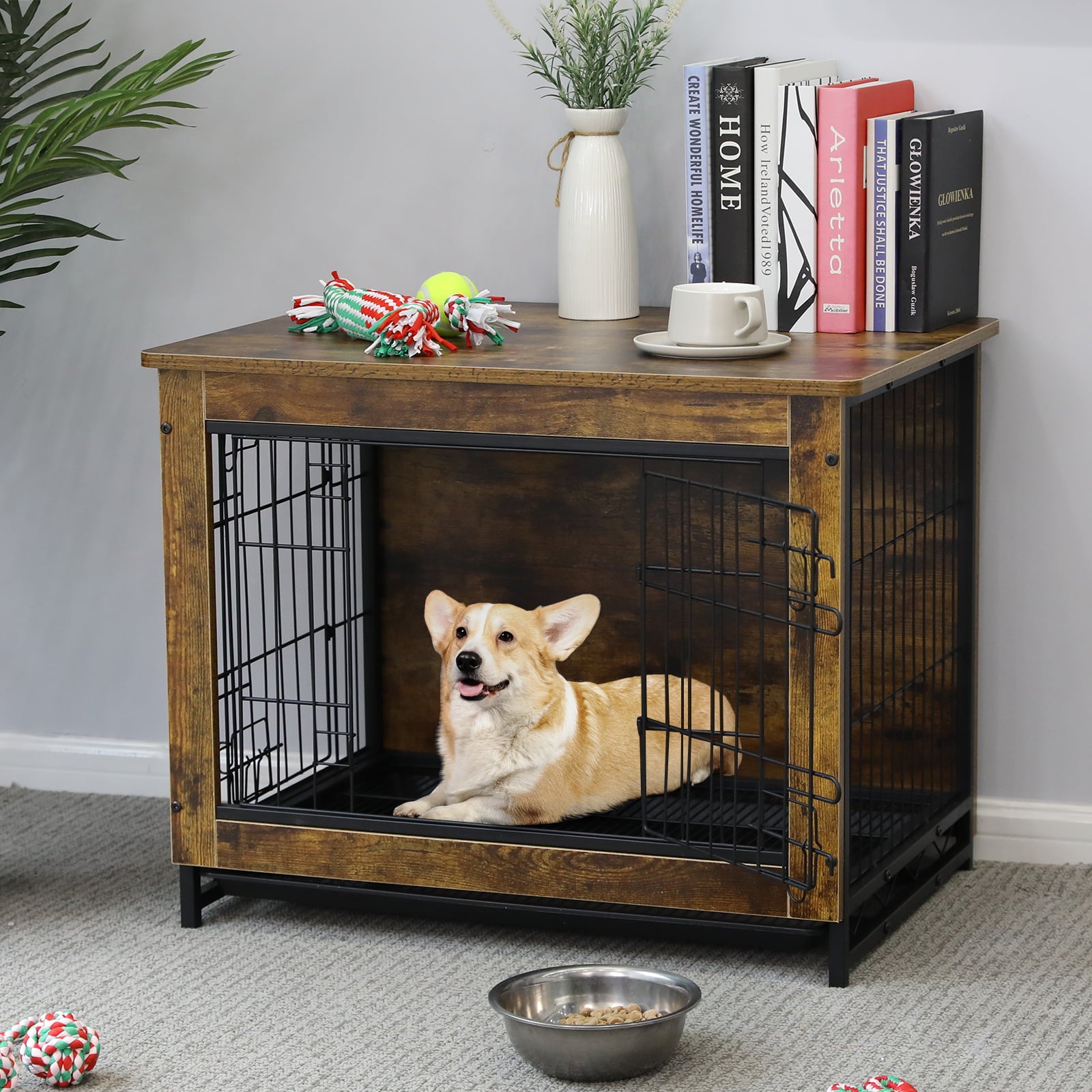 LAZY BUDDY Dog Crate Furniture， Side End Table， Modern Wooden Kennel Dog Cage with Removable Tray