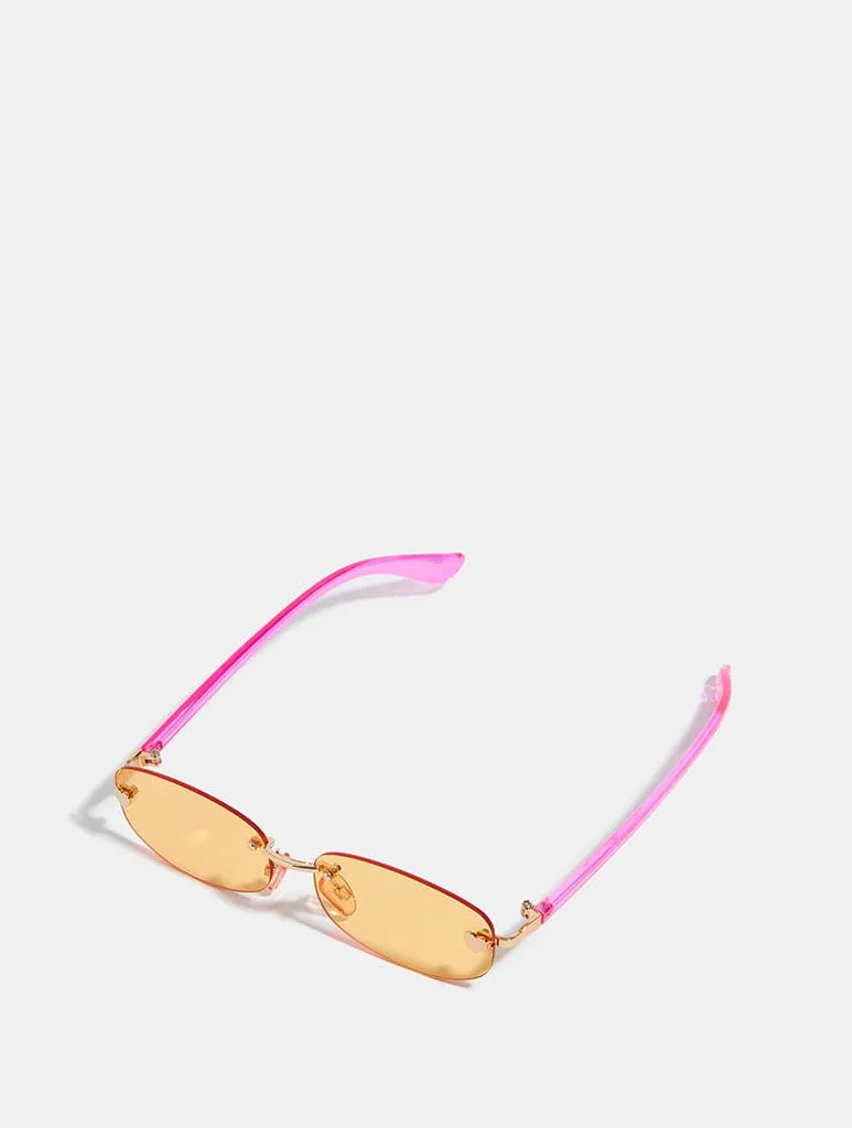 Pink Rimless Narrow Sunglasses With Orange Tinted Lens