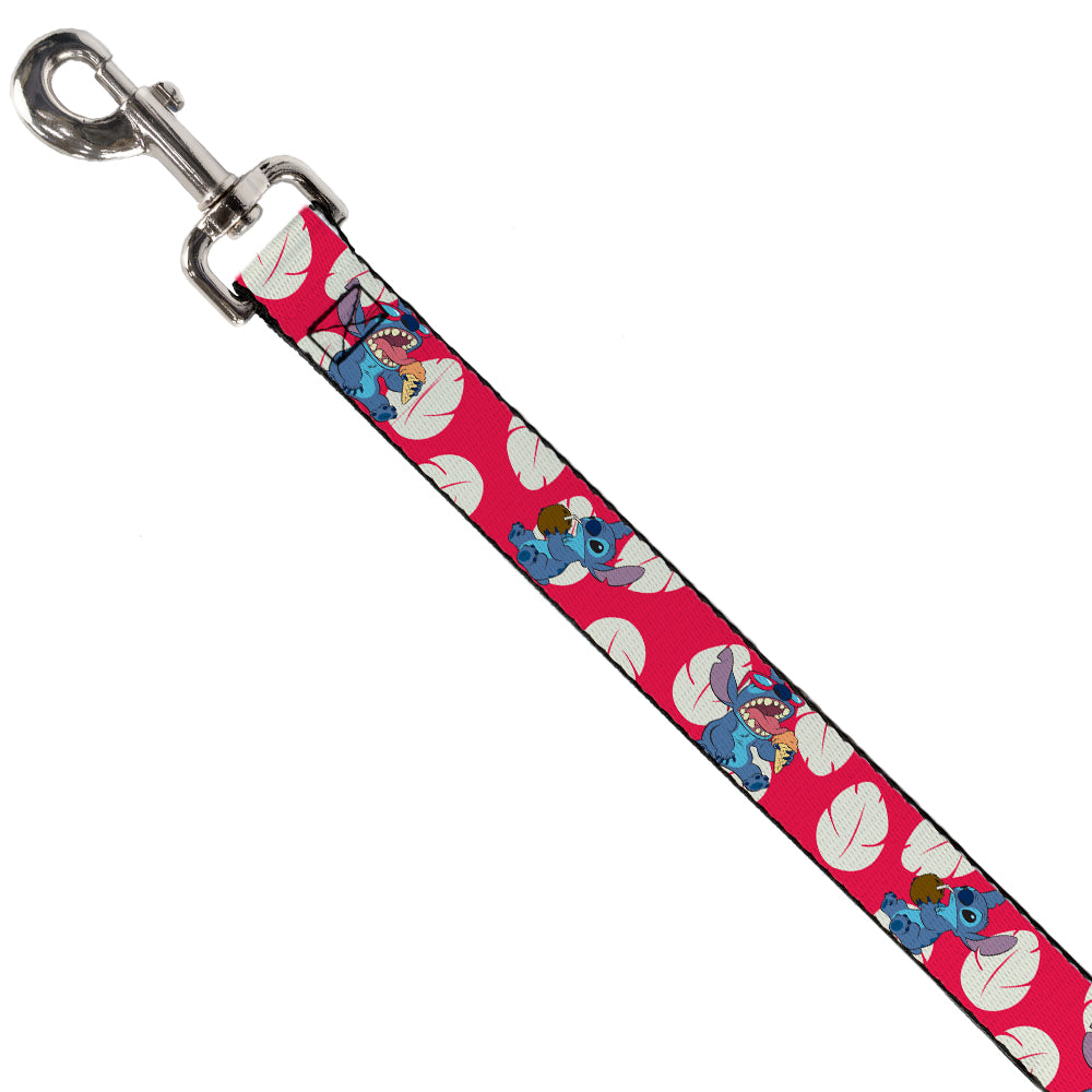 Disney Pet Leash， Dog Leash， Lilo Stitch 2 Eating Poses Lilo Dress Leaves Red Ivory， 4 Feet Long 0.5 Inch Wide