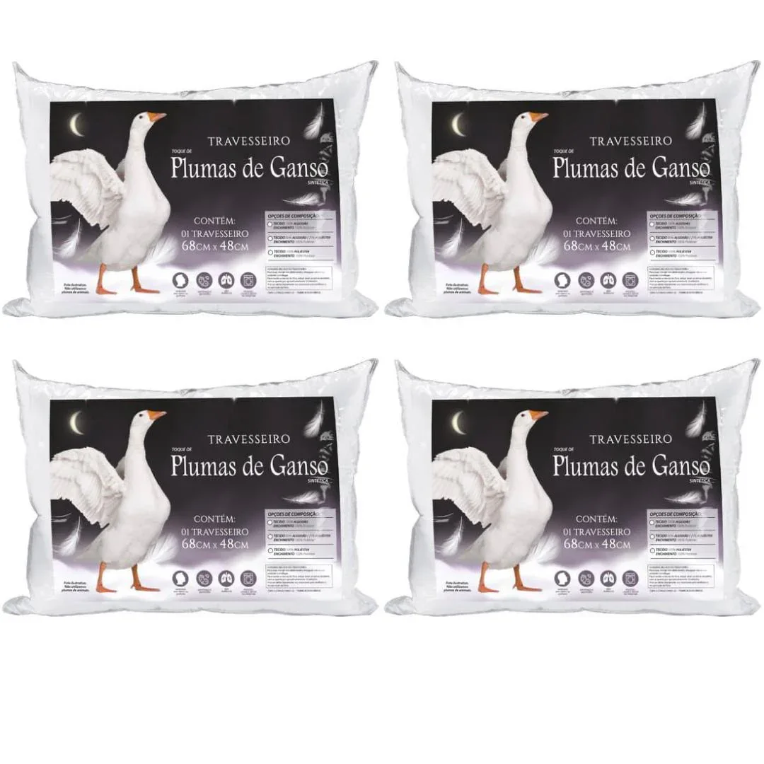 Kit 4 Travesseiros Pluma de Ganso Sintético 100% Confortável E Macio Original Antialérgico -