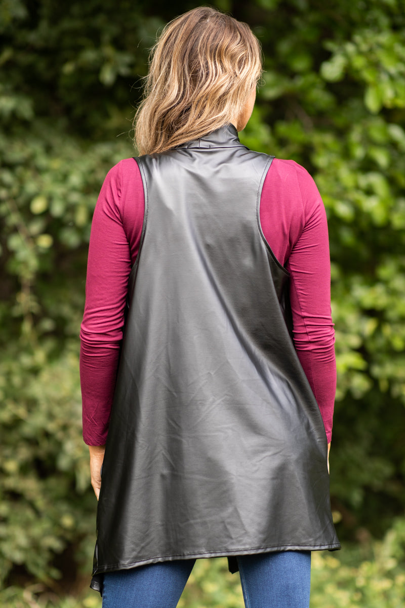 Black Faux Leather Mid Length Vest