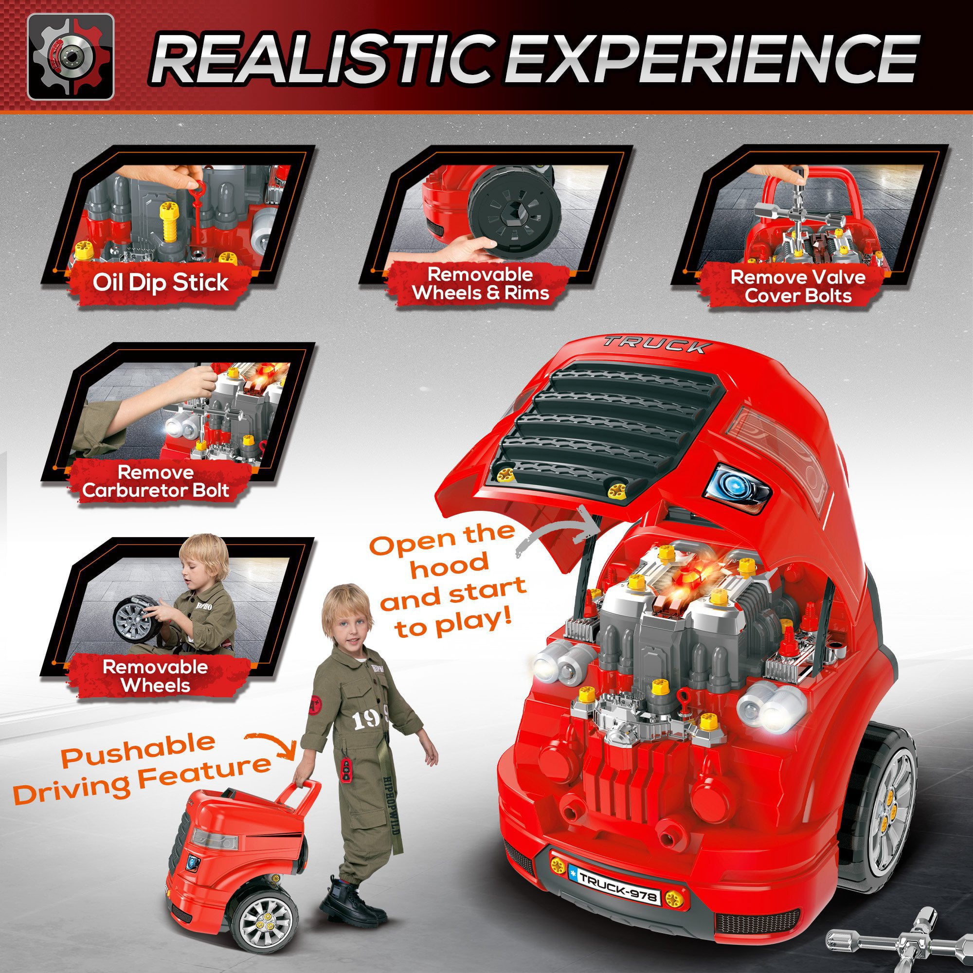 Qaba Kids Truck Engine Toy Set， Educational Car Service Station Playset， Engine Disassembly Play Workshop， Includes 61 Pieces Accessories， Steering Wheel， Light， Key Fob for 3-5 Years Old， Red