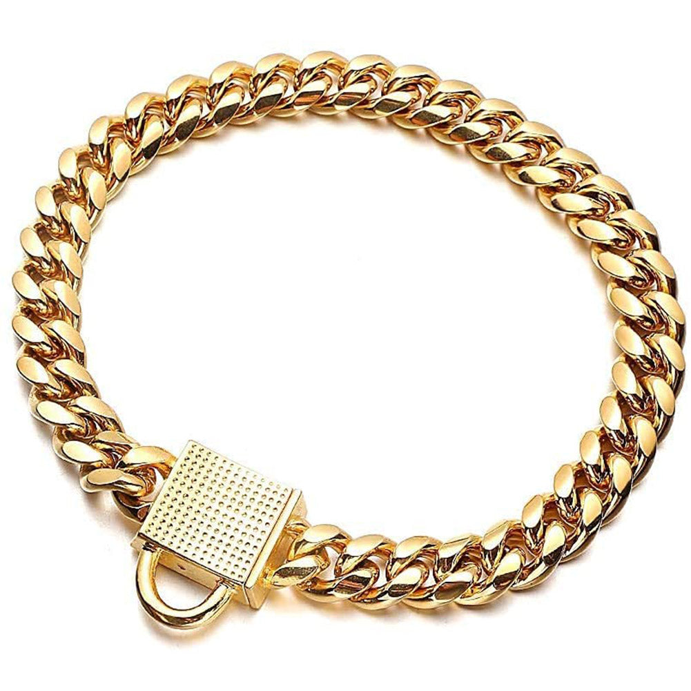 Gold Dog Chain Collar， 10mm Metal Chain Collar Cuban Link Puppy Collar Stainless Steel with CZ Diamond Lock Bling Choke Collar for Dogs(10inches)