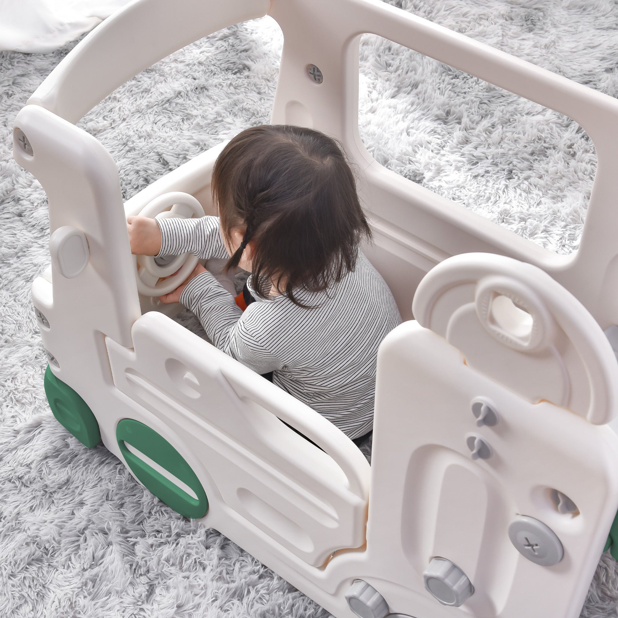 Track 7 Baby Slide 4-in-1，Indoor Toddler Slide with Basketball Hoop，Climber and Bus Playhouse，Outdoor Playground Kids Slide for Toddlers Age 1+，Green