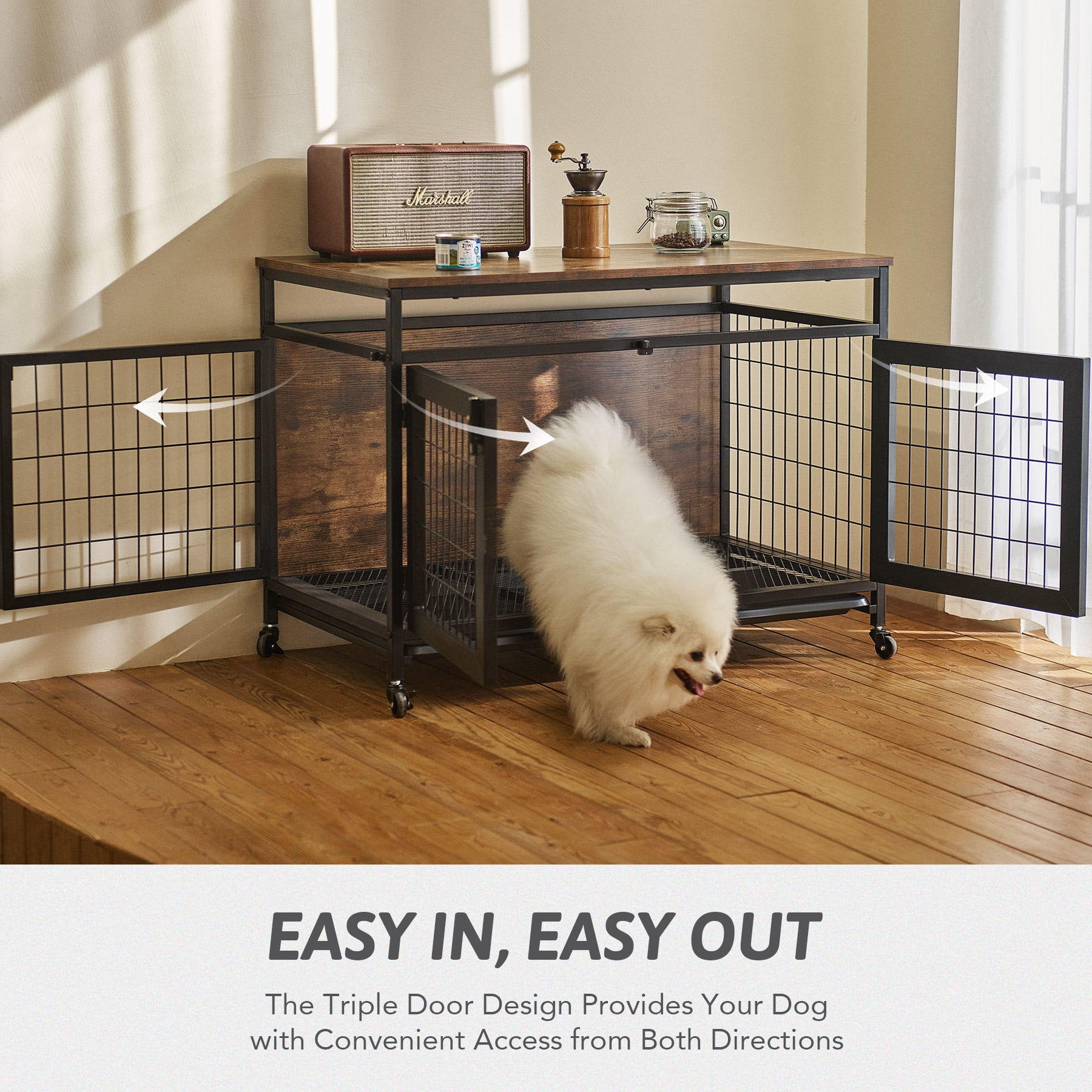 CO-Z Large Dog Crate Furniture Style Dog Cage with Tray Wheels Three Doors Open Space
