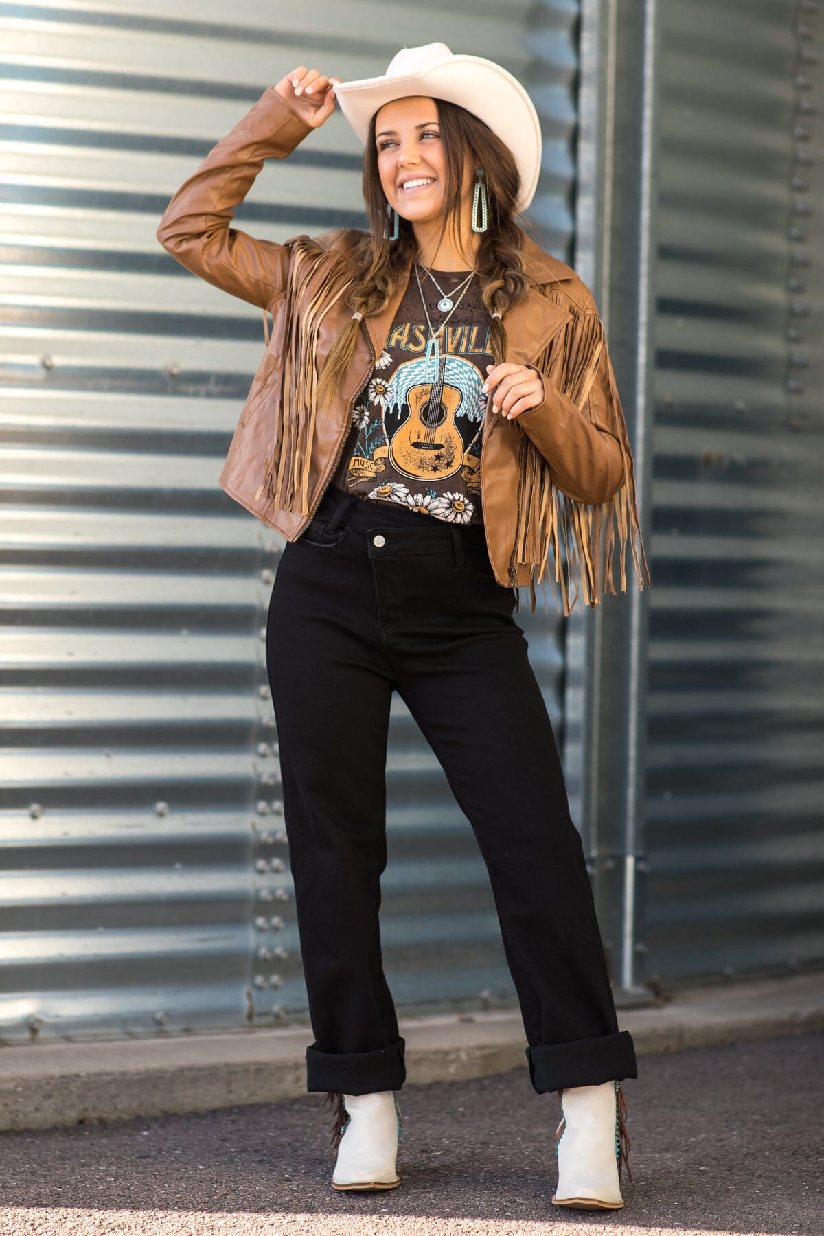 Mocha Faux Leather Jacket With Fringe