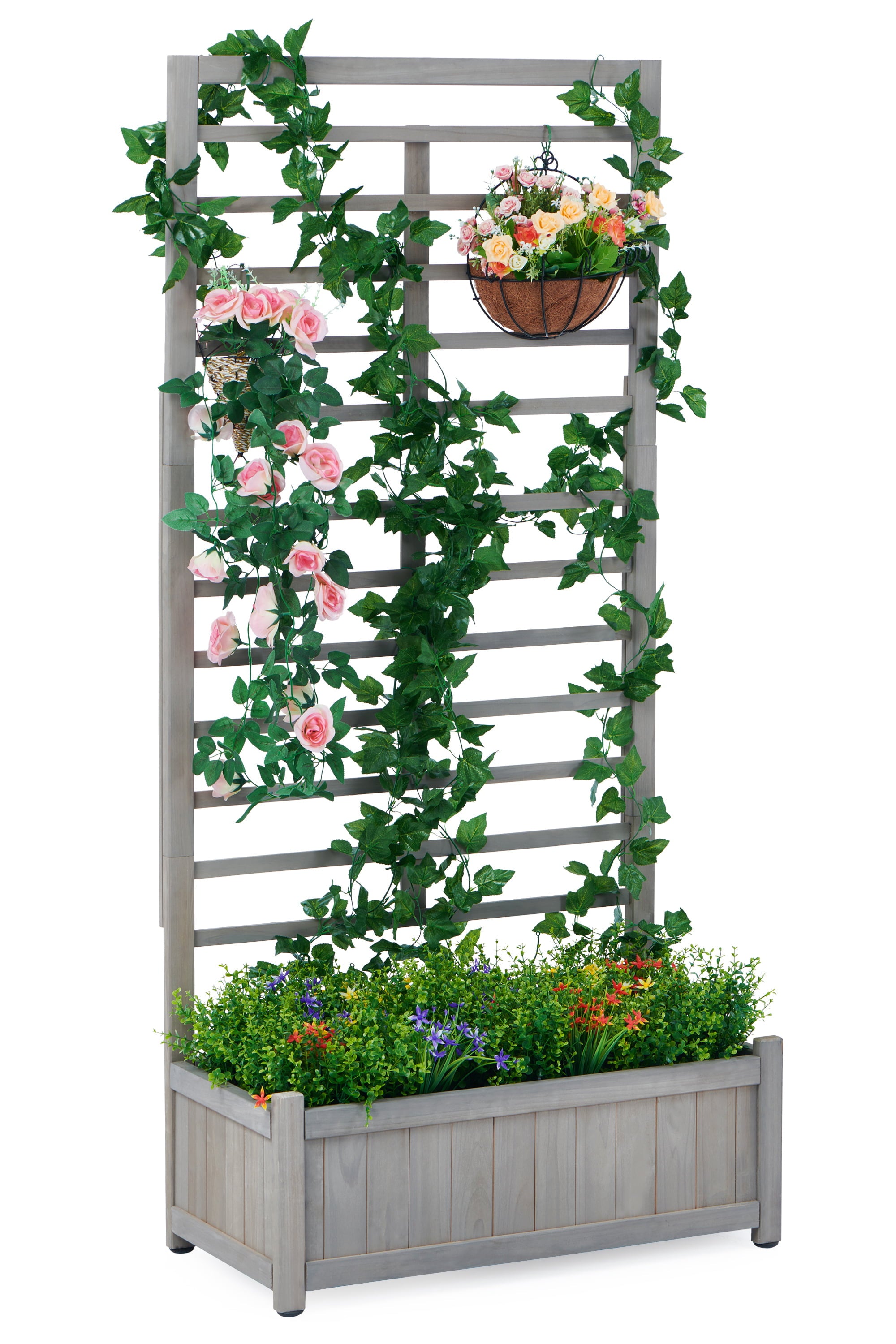 D-road 31.5x16x67" Wooden Raised Garden Bed W/ Adjustable Trellis, Climbing Racks Patio Planter Box, Gray