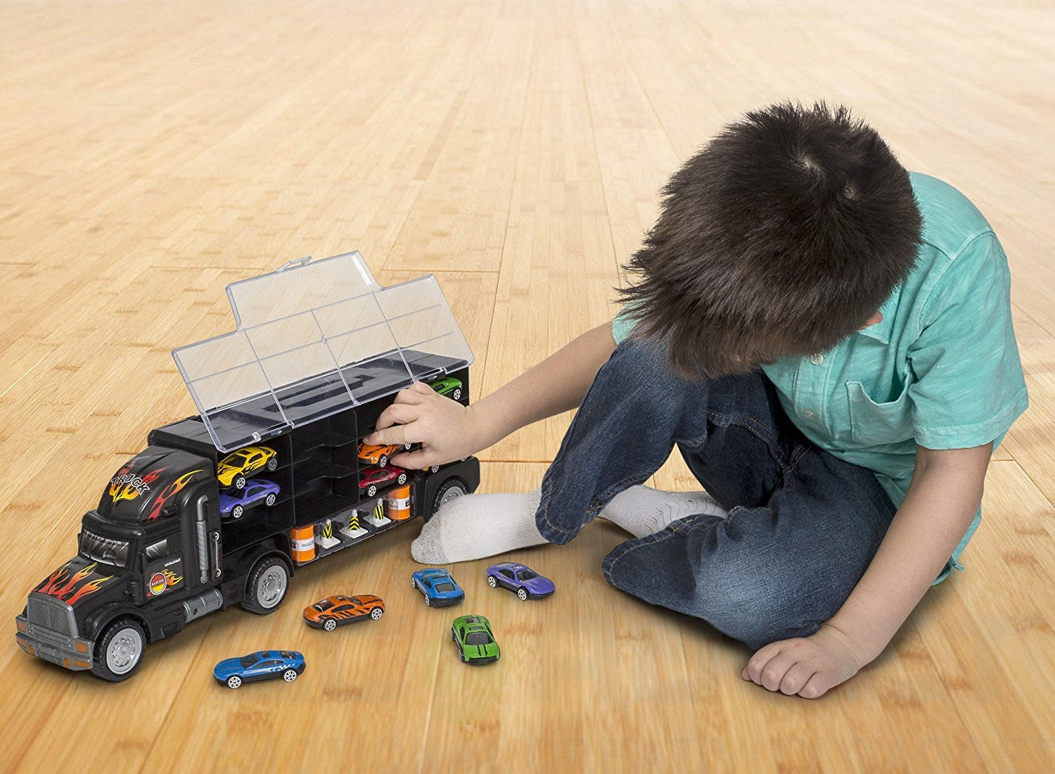 Big-Daddy Tractor Trailer Car Collection Case Carrier Transport Toy Truck For Kids Includes 12 Cars + Accessories