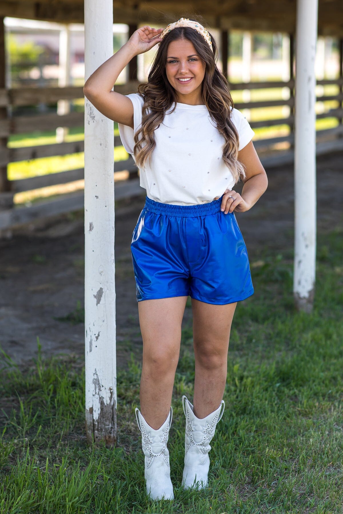 Blue Metallic Elastic Waist Shorts