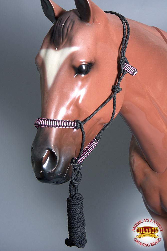83BH Hilason Horse Poly Rope Tied Adjustable Halter 8 Ft Lead Rope Black Pink