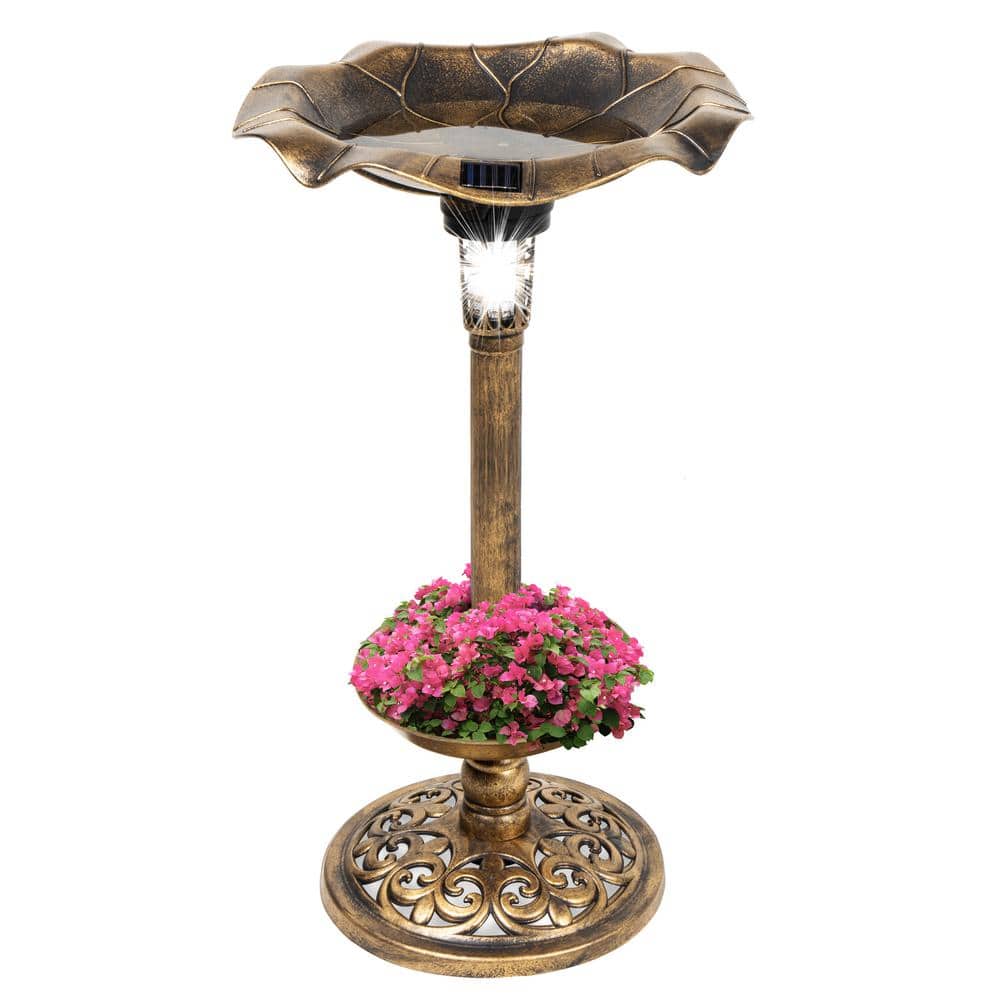 Best Choice Products Bronze Solar Lighted Pedestal Birdbath w/Planter， Integrated Panel SKY4676