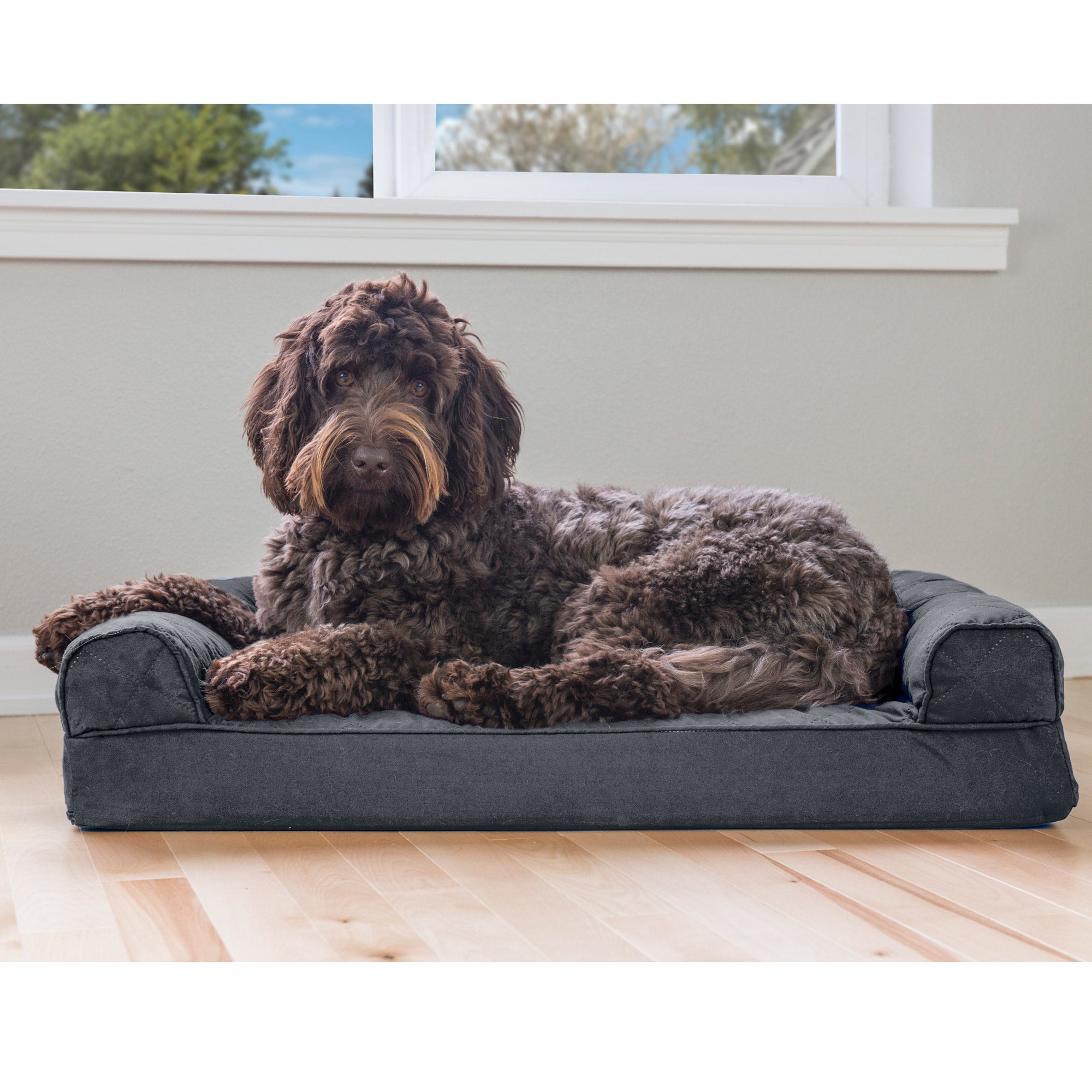FurHaven Pet Products | Memory Foam Quilted Sofa Pet Bed for Dogs and Cats - Iron Gray， Medium