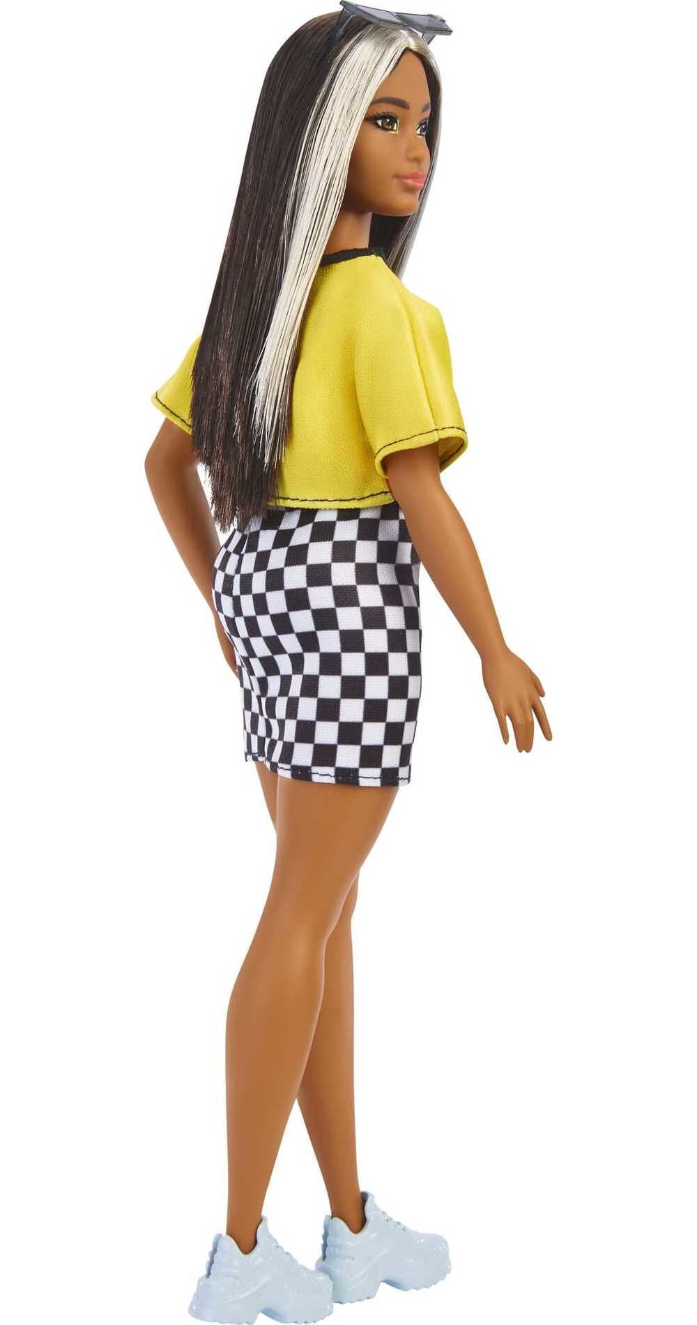 Barbie Fashionistas Doll #179, Curvy with Long Highlighted Hair in Crop Top & Checkered Skirt
