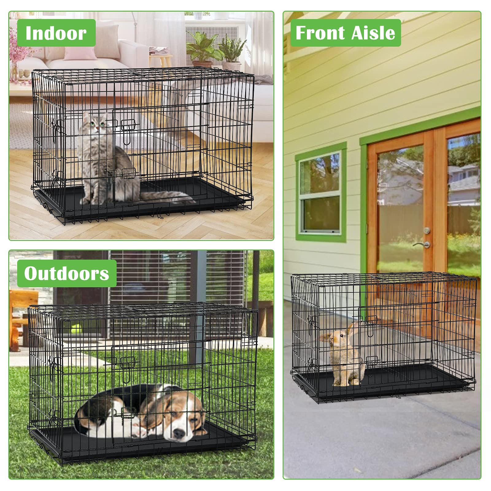 NiamVelo Dog Cage 36'' Metal Dog Crate with Double-Door， Folding and Portable Dog Kennel with Plastic Tray and Handle， Pet Crate Furniture Dog Kennel and Crates for Medium Small  Dogs， Black
