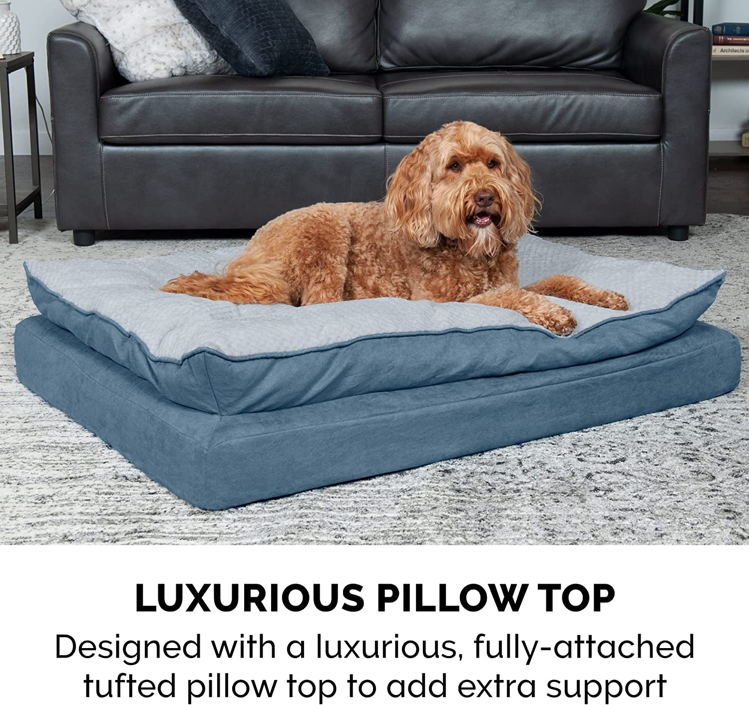 Furhaven Large Orthopedic Dog Bed Minky Plush and Suede Pillow Top Mattress w/ Removable Washable Cover - Stonewash Blue， Large Pillow Top - Minky Plush and Suede (Stonewash Blue) Large Orthopedic Foam