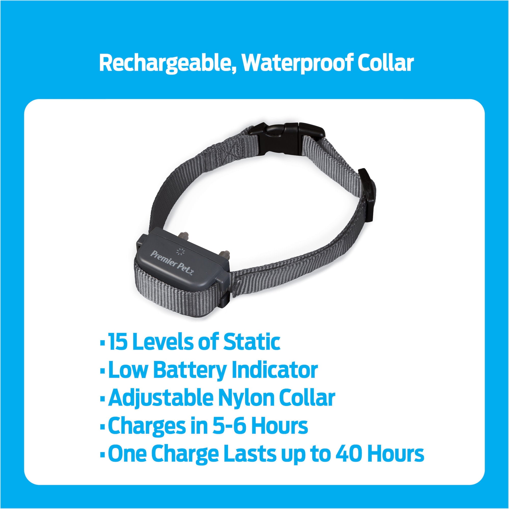 Premier Pet Rechargeable Bark Collar: Discourages Barking and Whining for All Size Dogs， Rechargeable， Adjustable， Waterproof， Gentle Static Correction， Low Battery Indicator， No Programming Required