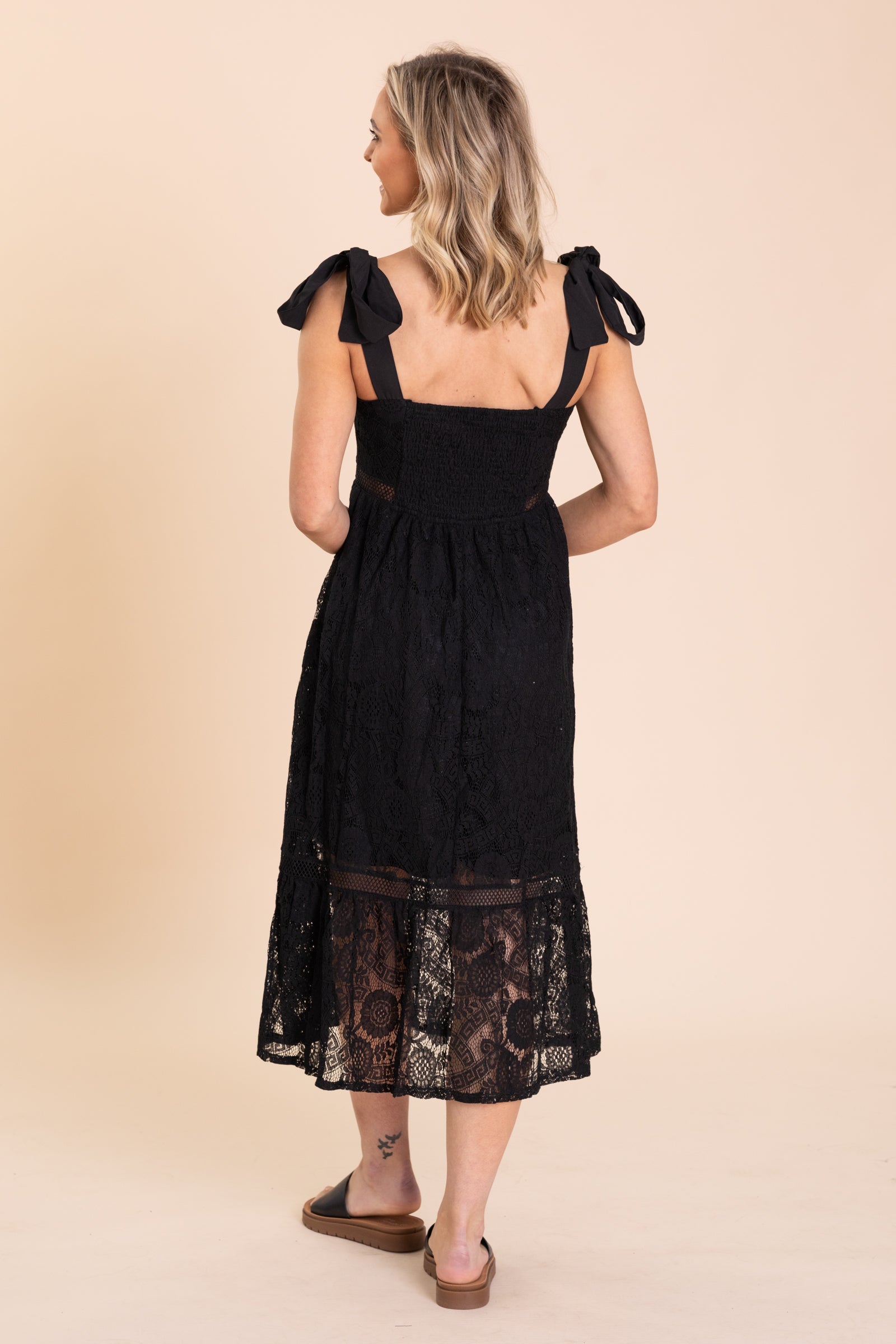 Black Lace Tie Strap Sheer Trim Midi Dress