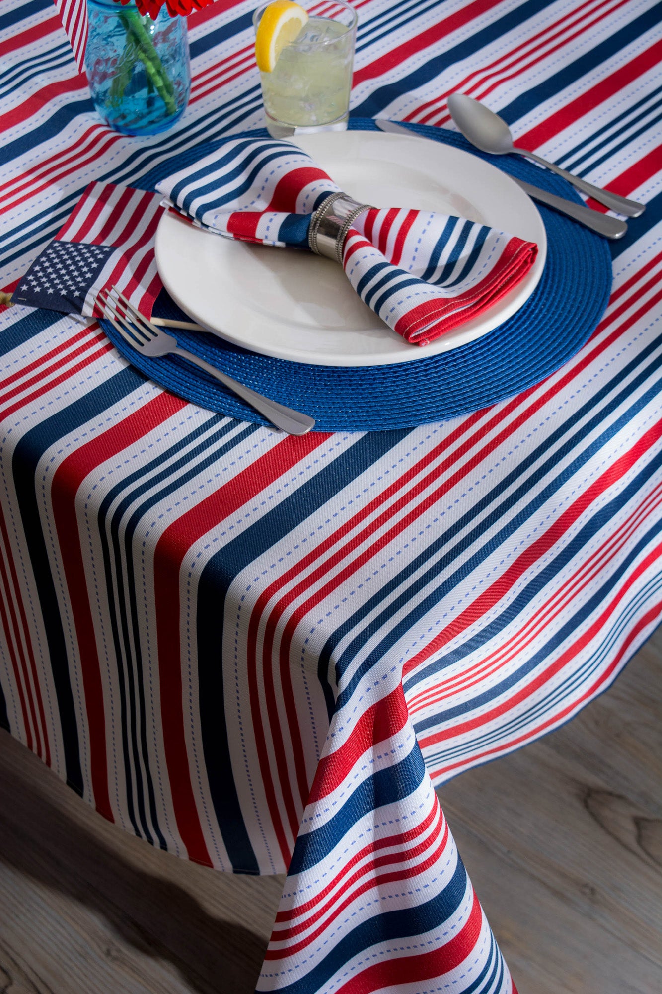 Red and Blue Patriotic Striped Rectangular Tablecloth with Zipper 60” x 84”
