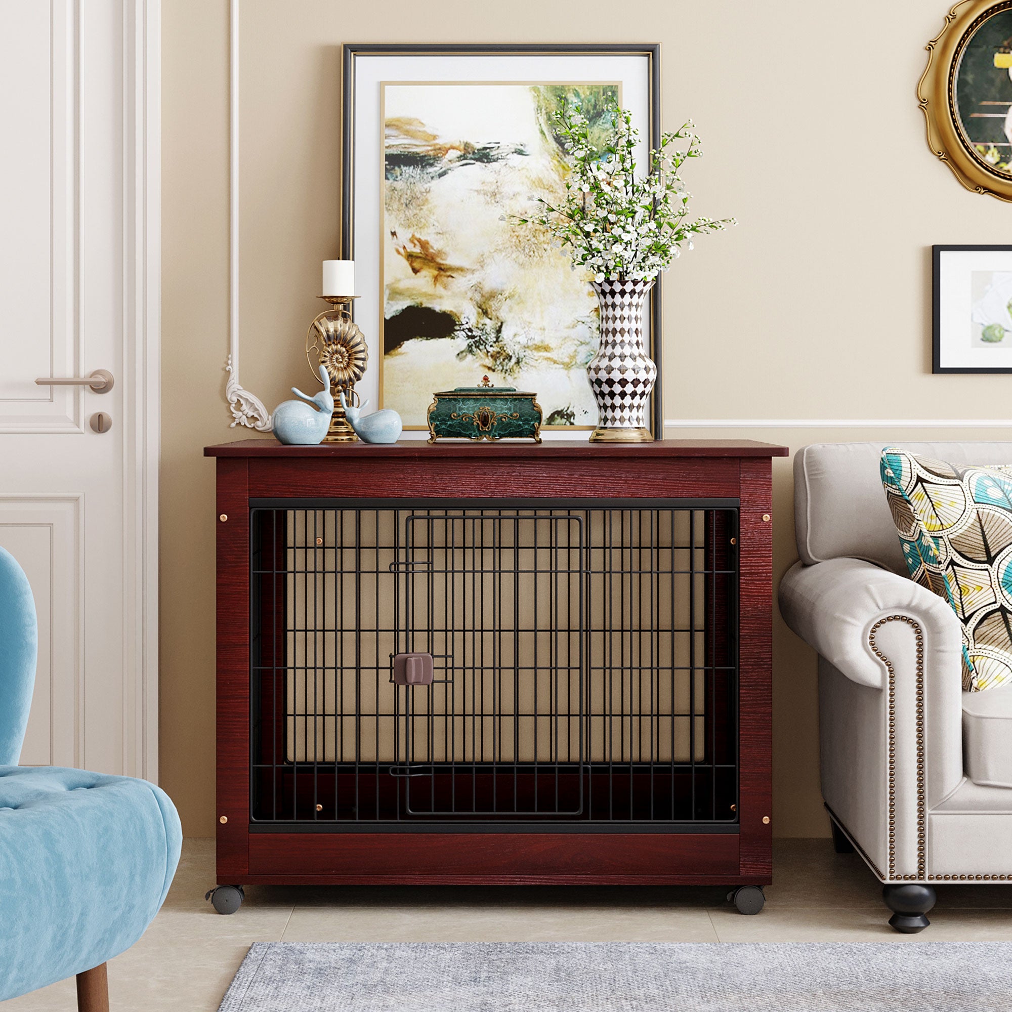 39” Length Dog Crate Cage End Table， Furniture Style Pet Dog Crate Cage Sofa Table with Wooden Structure and Iron Wire and Lockable Caters， Medium and Large Dog House Indoor Use