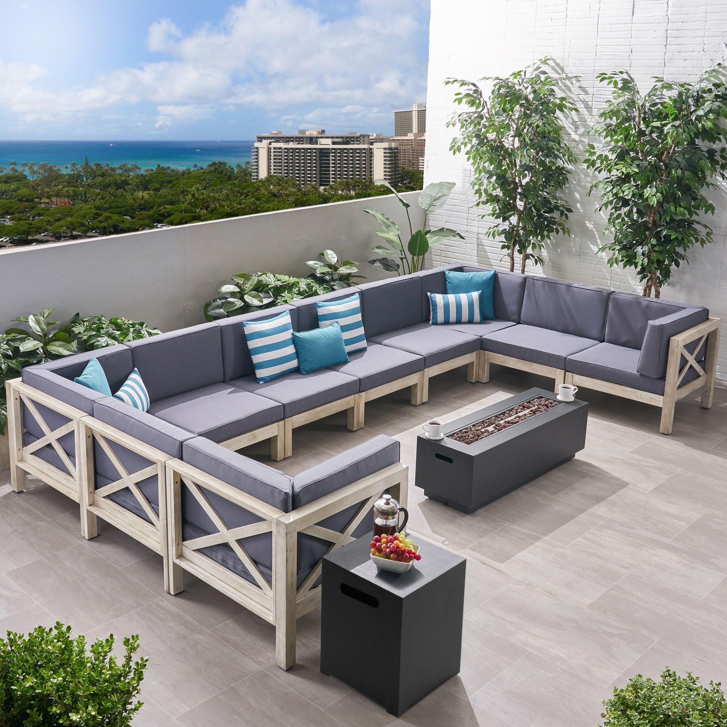 Lorelei Outdoor Acacia Wood 10 Seater U-Shaped Sectional Sofa Set with Fire Pit