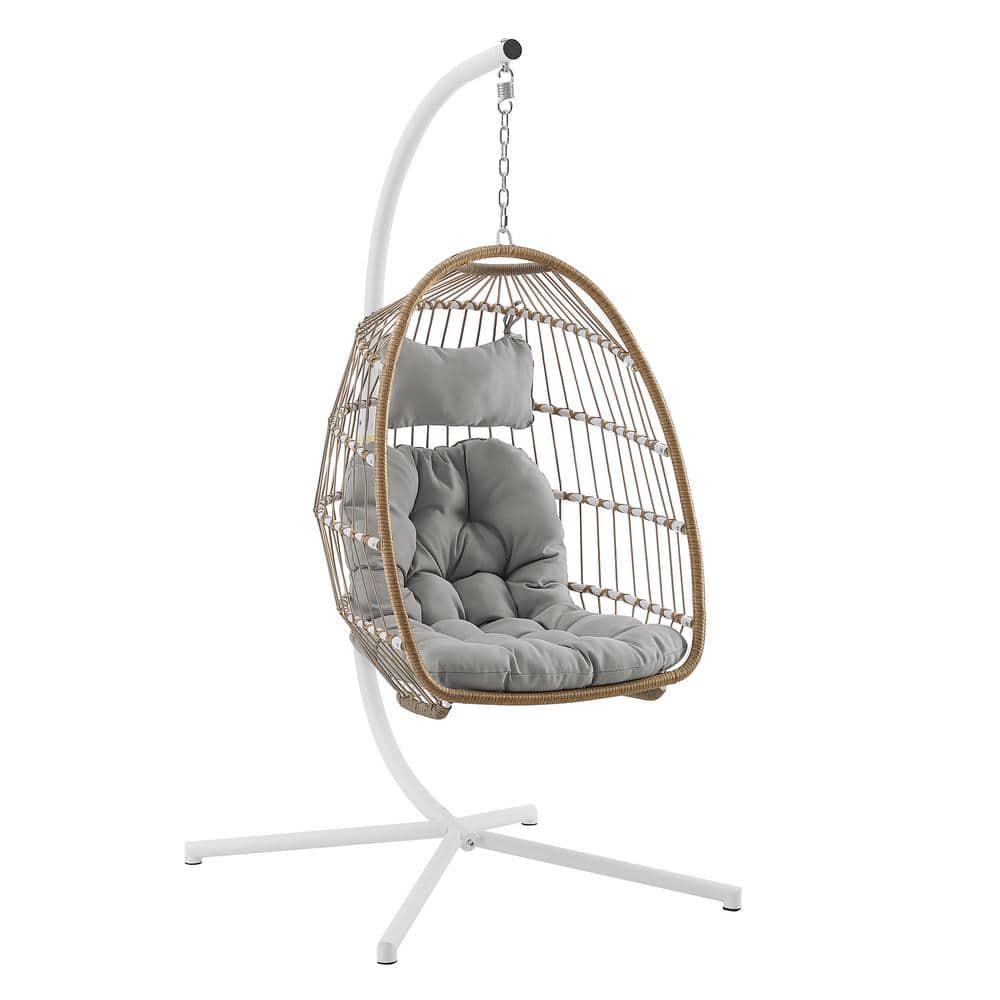 Welwick Designs 1Person Brown Rattan Patio Swing Egg Chair with White Stand and Gray Cushions