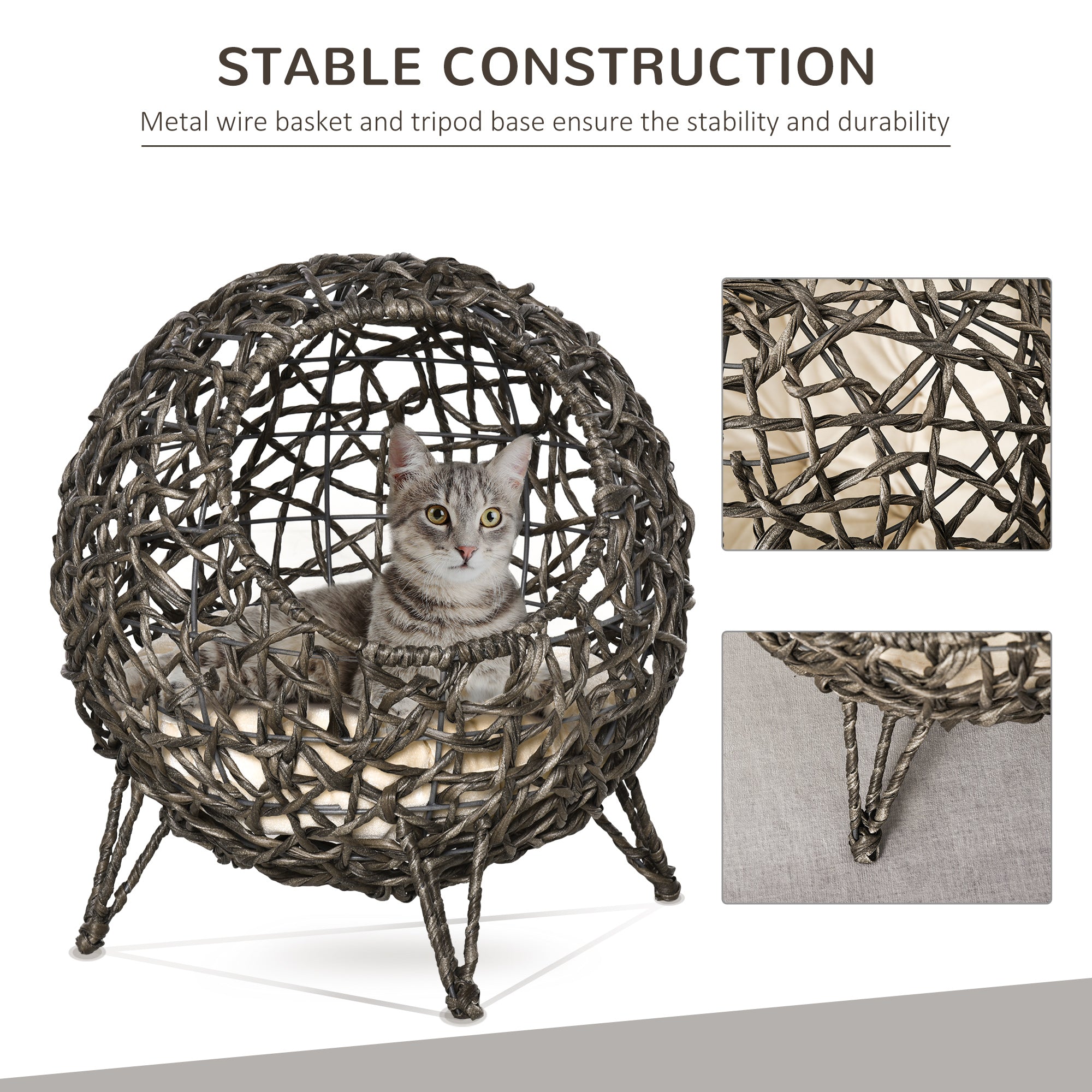 PawHut Wicker Cat Bed Elevated Rattan Kitten Basket Cozy Cave w/ Soft Cushion