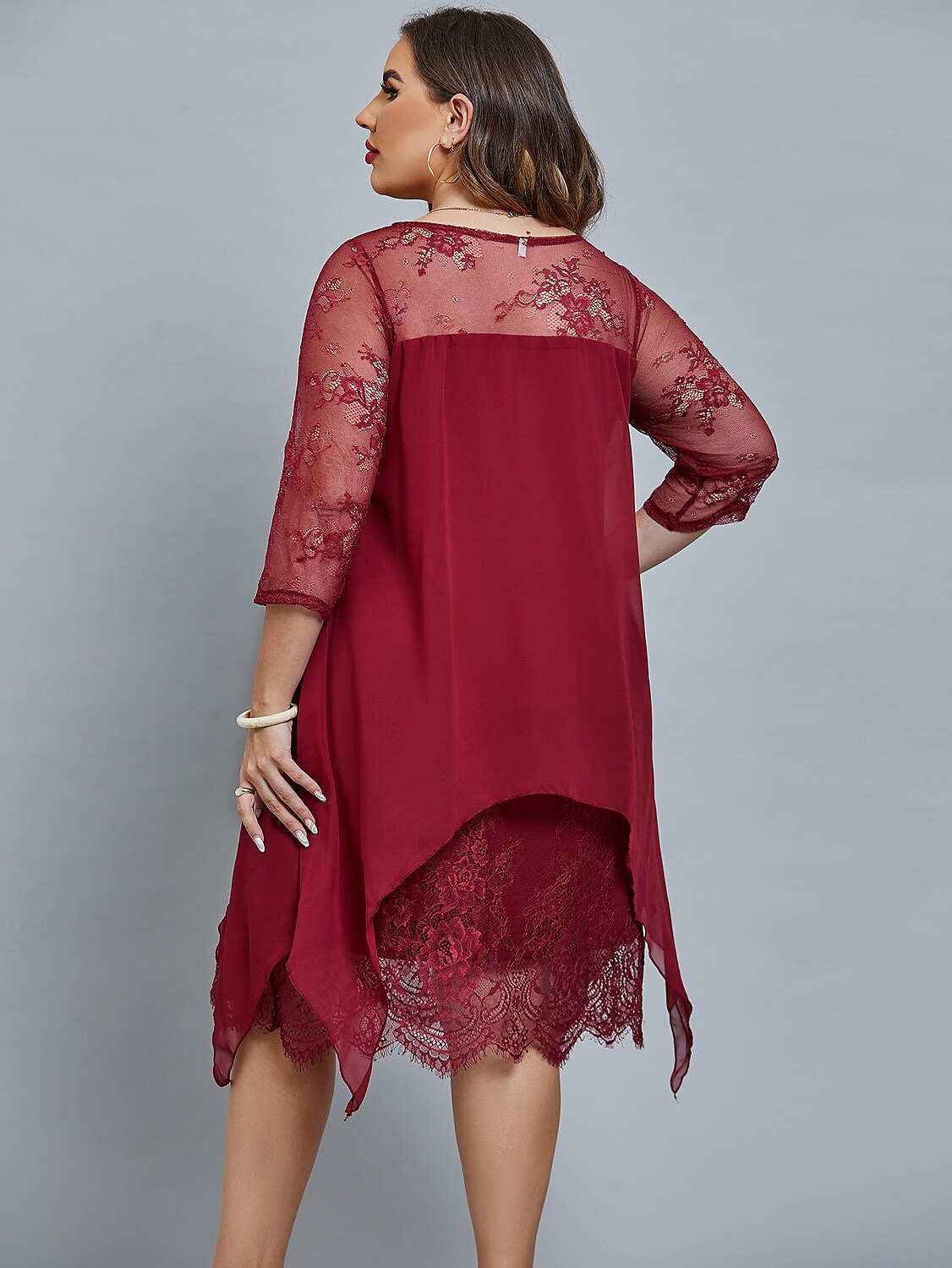 Women's Plus Size Curve Party Dress Floral Crew Neck Lace 3/4 Length Sleeve Winter Fall Elegant Prom Dress Midi Dress Party Cocktail Dress Dress / Lace Dress / Mesh