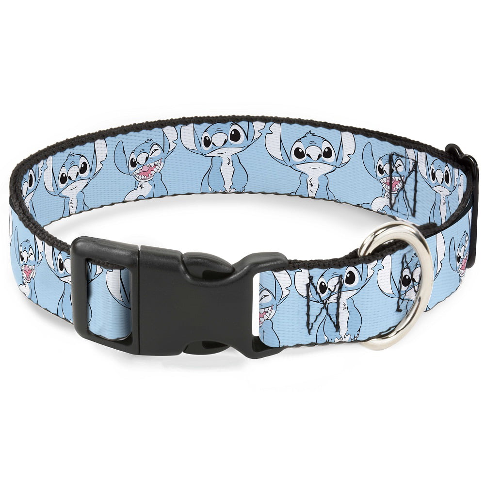 Disney Pet Collar， Dog Collar Plastic Buckle， Stitch 3 Poses Sky Blue Black White， 7 to 8.5 Inches 0.5 Inch Wide