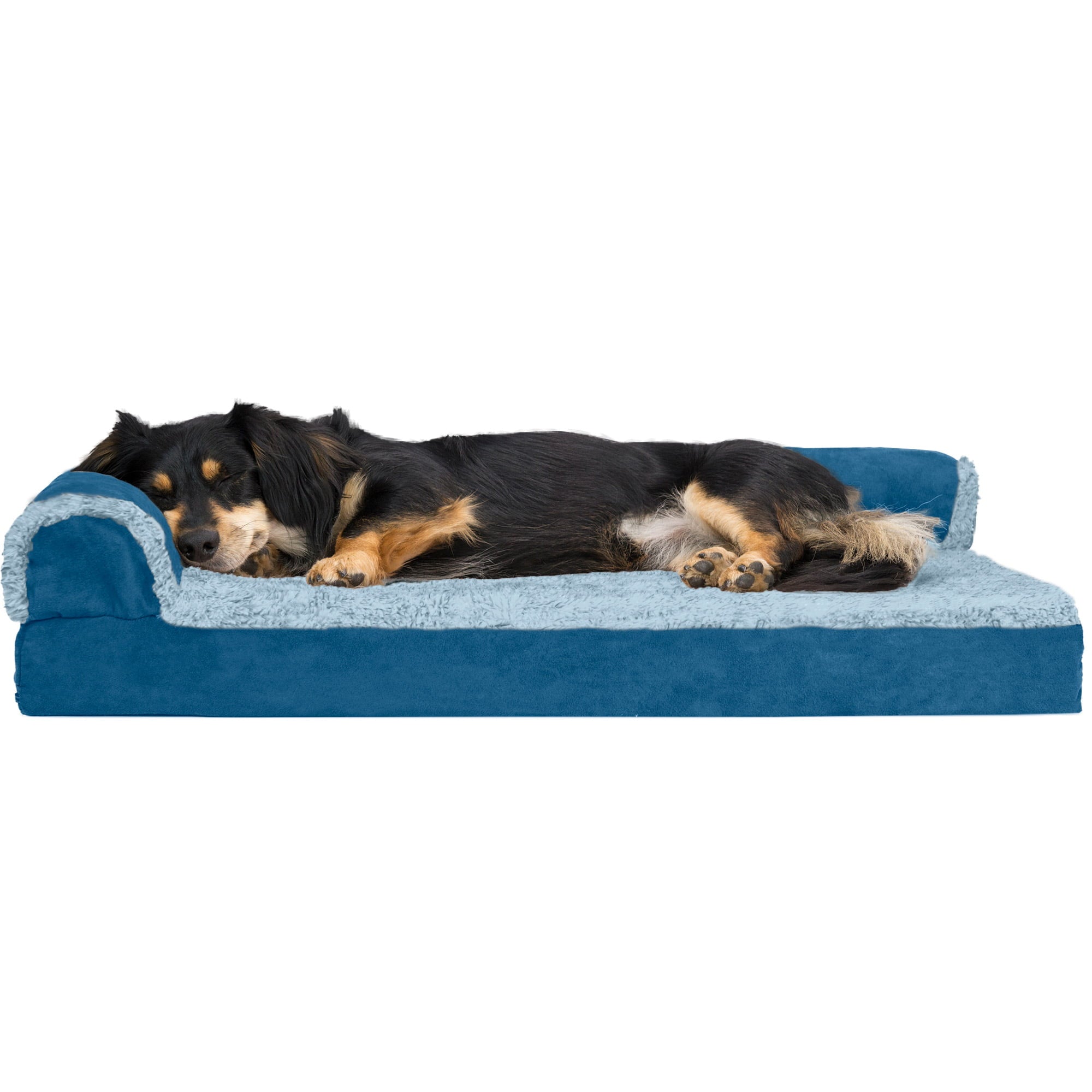 FurHaven | Deluxe Orthopedic Faux Fur and Suede L-Chaise Lounge Pet Bed for Dogs and Cats， Marine Blue， Medium