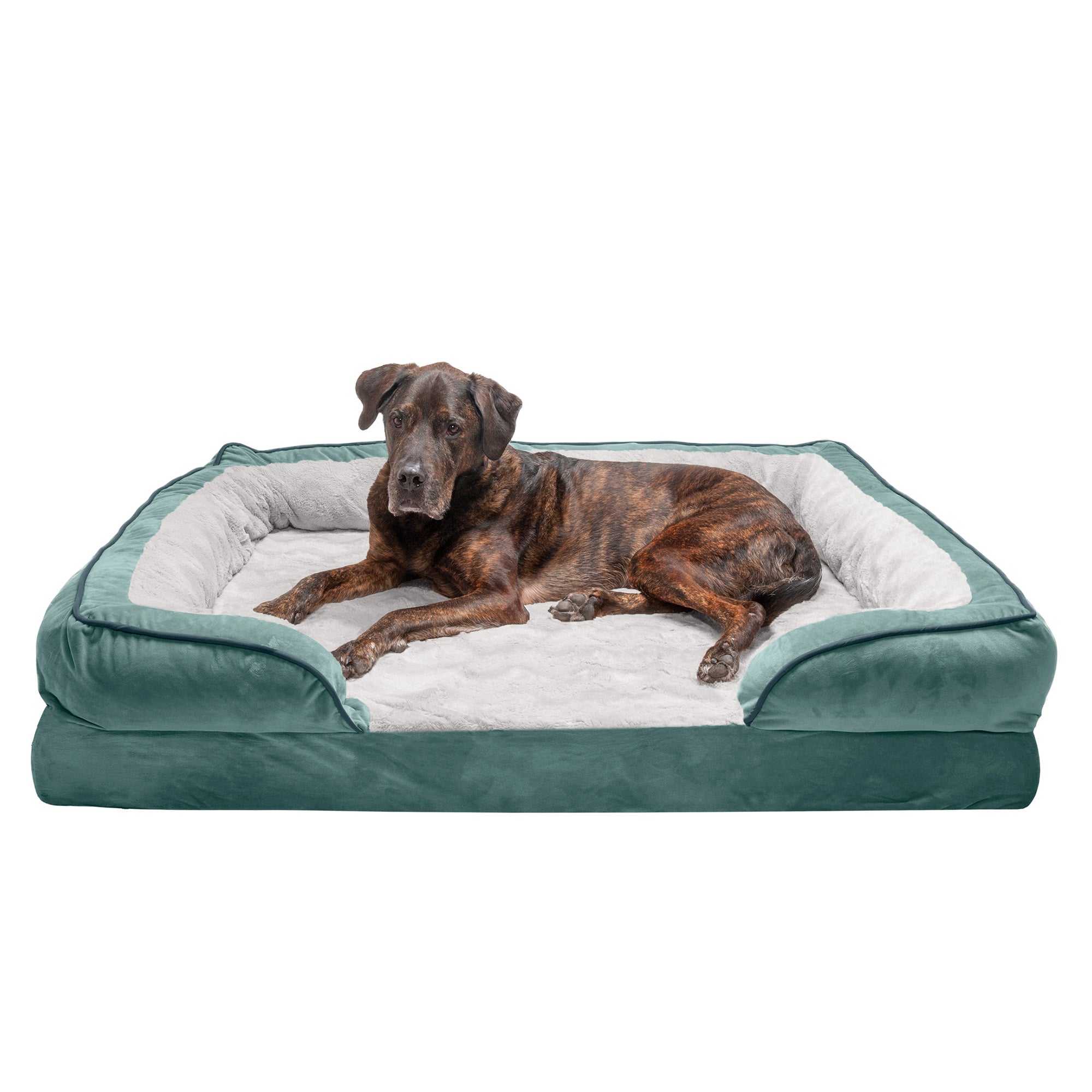 FurHaven Pet Products | Cooling Gel Memory Foam Orthopedic Perfect Comfort Velvet Waves Sofa-Style Couch Pet Bed for Dogs and Cats， Celadon Green， Jumbo Plus